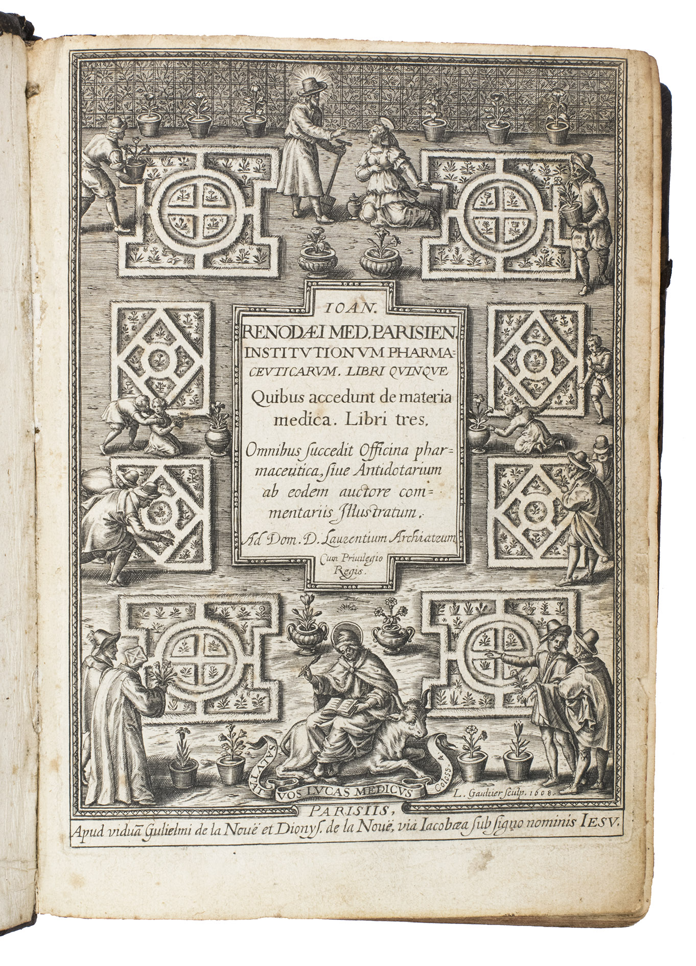 RENOU (RENODAEUS), Jean de. - Institutionum pharmaceuticarum. Libri quinque quibus accedunt de materia medica. Libri tres. Omnibus succedit officina pharmaceutica, sive antidotarium ab eodem auctore commentariis illustratum.Paris, Laurentius Archiatrus(?), 1608. 4to. 2 parts in 1 volume. With an engraved title-page and engraved author's portrait, both dated 1608 and engraved by Lonard Gaultier, engraved title-page to the second part by Jaspar Isaac, and numerous woodcut initials, head- and tailpieces. Contemporary calf, restored and rebacked, with part of the original backstrip laid down.