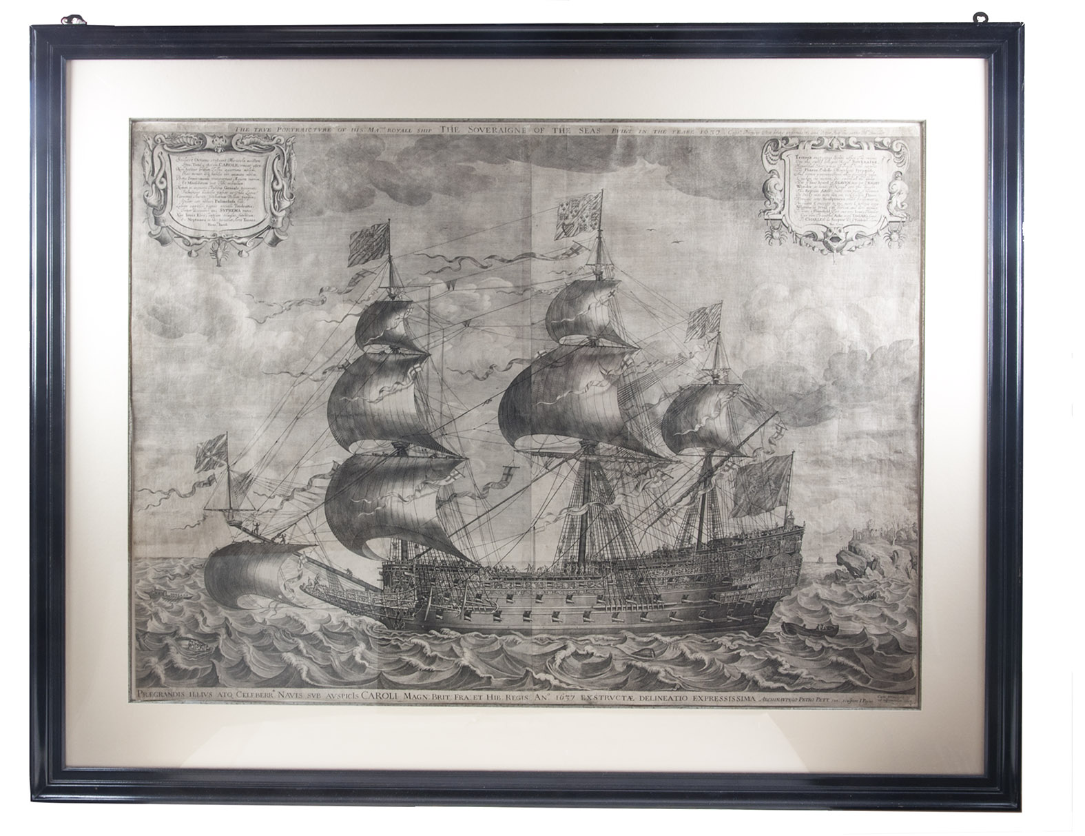 [PRINT - WARSHIP]. PAYNE, John. - The true portraicture of His Ma[jes]ties. royall ship the Soveraigne of the Seas built in the yeare 1637. [London, Peter Pett, 1637/38]. Large engraving (66.5 x 91 cm), printed from two plates on two sheets, assembled to make a single print. With title in English across the head, a slightly different Latin title across the foot (both outside the image area), Payne's name and privilege to the right of the Latin title, and two decorated cartouches with laudatory verses in the upper corners. In passepartout (not mounted) and easily detachable framed (90 x 114 cm).