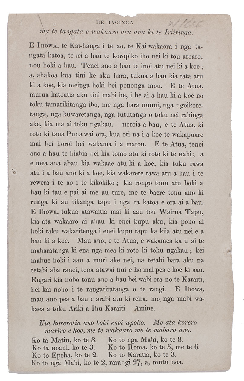 [COLENSO, William]. - [Drop-title:] He Inoinga ma te tangate e wakaaro atu ana ki te Iriiringa.[Heretaunga, William Colenso, ca. 1847]. Leaflet (17.2 x 11 cm).