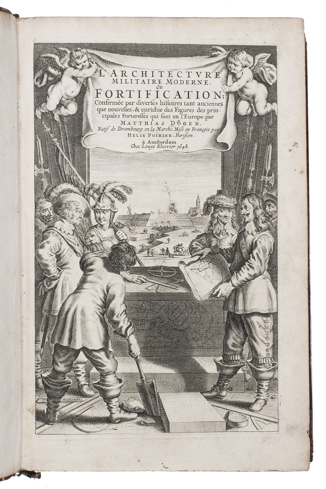 DGEN, Matthias. - L'architecture militaire moderne, ou fortification.Including: ... la partie qui concerne l'attaque & la deffance.Amsterdam, Lowijs Elzevier, 1648. Folio. With an integral engraved, illustrated general title-page, 68 (of 70) double-page engraved plates: 28 (of 29) instructional plates A-Ff , showing plans, elevations, sections and equipment, and 40 (of 41) unnumbered fortification plans of numerous cities. Contemporary mottled calf, richly gold-tooled spine and board edges.
