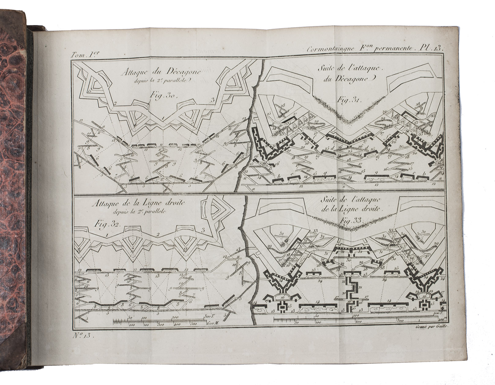 CORMONTAINGNE, Louis de. - Oeuvres posthumes ... Tome premier[-second] [& troisime].Comprising:(1) Mmorial pour la fortification permanente et passagre. ...(2) Mmorial pour l'attaque des places. ...(3) Mmorial pour la dfense des places, faisant suite au mmorial pour l'attaque, ...Paris, Charles Barrois (vol. II: Denis-Simon Magimel) (back of title-page vol. I & colophon vol. III: printed by H. Perronneau; back of title-page vol. II: printed by Demonville), 1809, 1815, 1806. 3 volumes. 8vo. With 55 engraved folding plates, 3 folding tables and additional tables in the text. Contemporary, uniform half tree calf, gold-tooled spines.