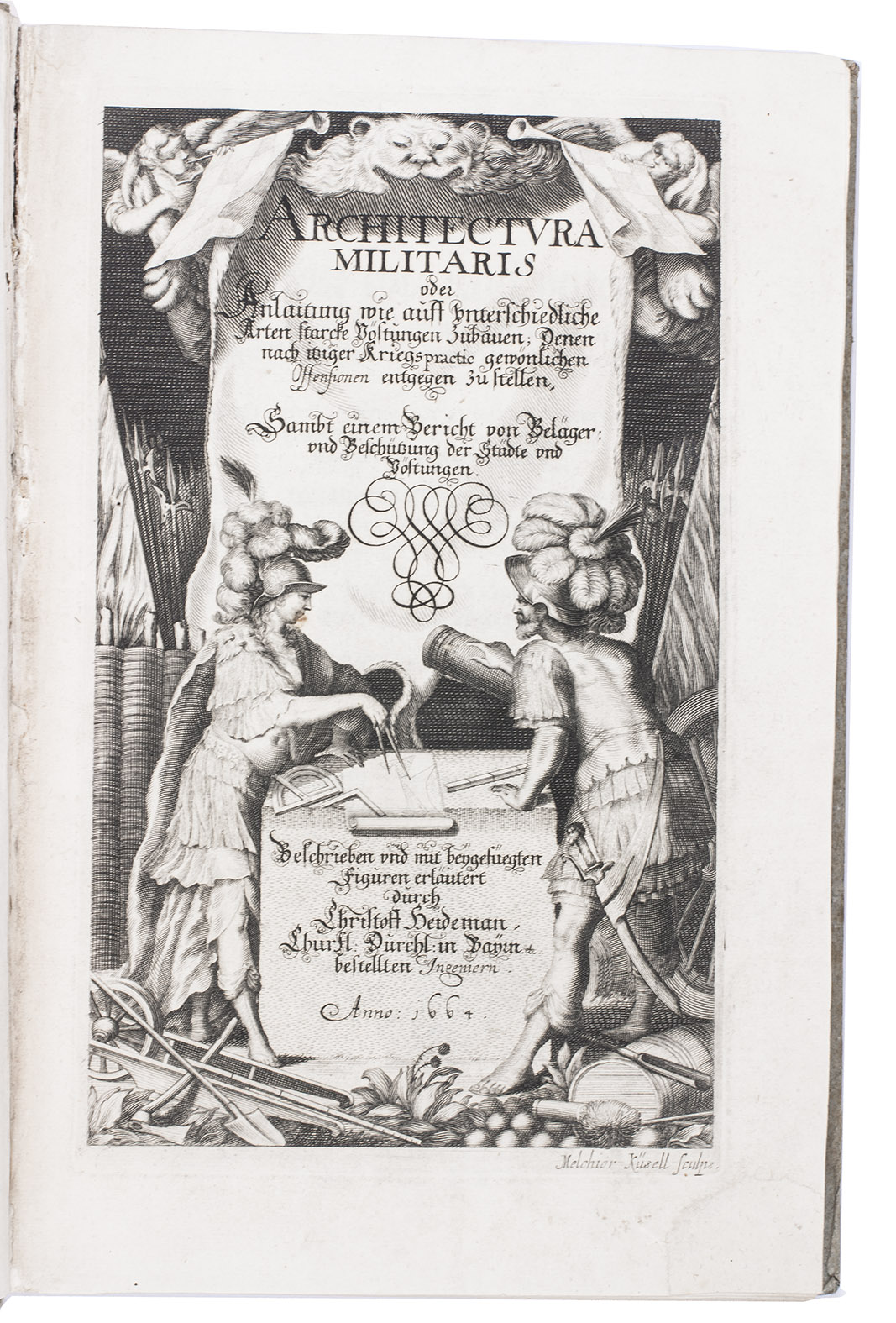HEIDEMANN, Christoph. - Architectura militaris; oder, Anlaitung wie auff unterschidliche Arten starcke Vestungen zubawen, denen nach itziger Kriegs-Practic gewhnlichen Offensionen entgegen zustellen; ...Mnchen, Johann Jcklin, 1664. 3 parts in 1 volume. Small folio (30 x 20.5 cm). With an engraved title-page by Melchior Ksell and 168 figures (I-CLXIV & A-D) on 27 double-page plates (A-Bb including W, & 