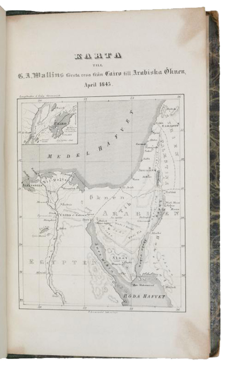 WALLIN, Georg August (Yrj Aukusti). - Frsta Resa fran Cairo till Arabiska knen i April 1845. Fragment. ... Med en karta.Helsinki, (S. Baranovskij for) J. Simelius, 1853. 8vo. With lithographed map at the end; printed music for a Bedouin melody in the text. Green half calf, contemporary marbled boards, title in gold on rebacked spine.
