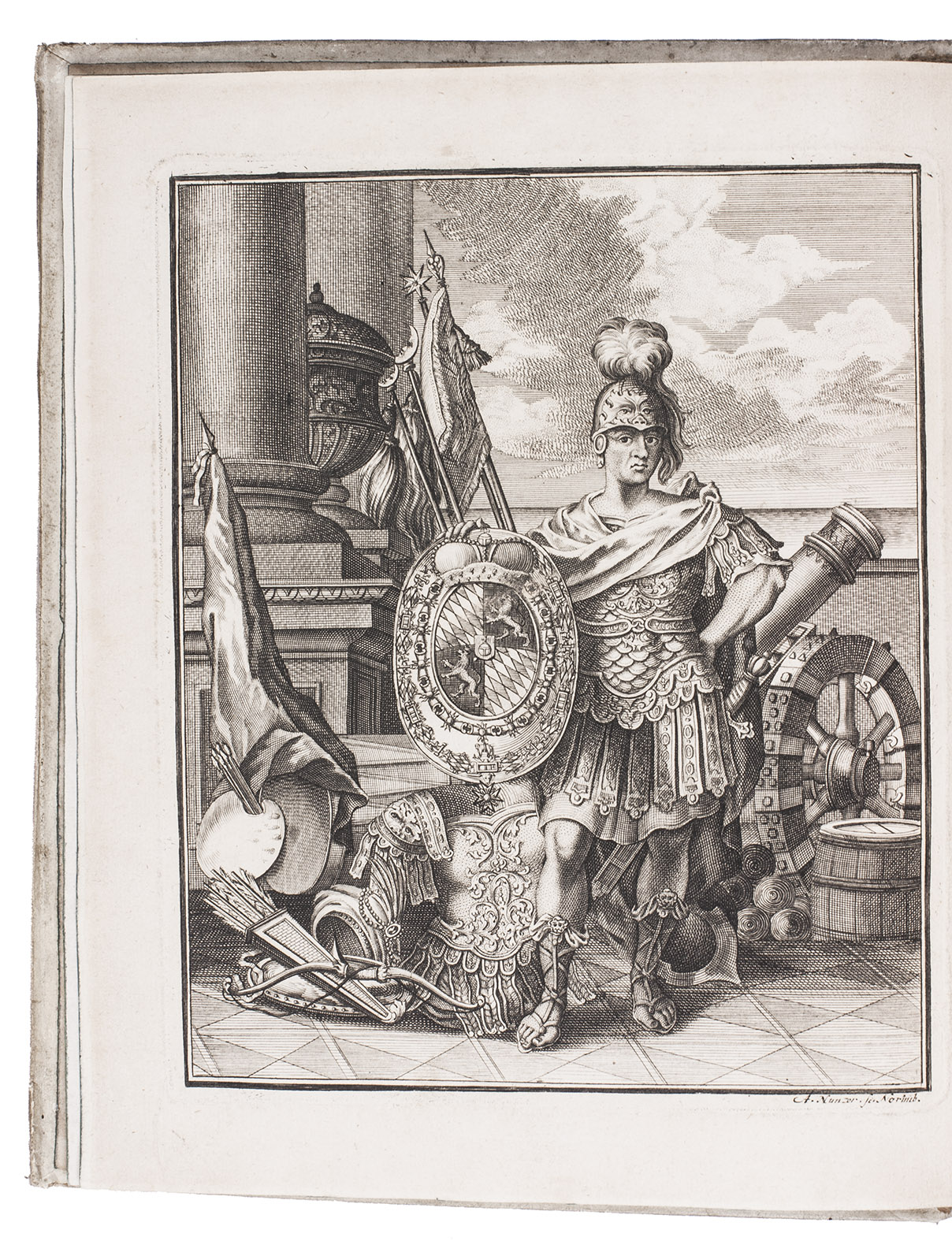 ROZARD, Johann Claude de. - Nouvelle fortification Franoise, o il est trait de la construction des places...Nuremberg, Jean George Lochner, 1731. 2 volumes: text (4to) and atlas (oblong folio). With an engraved frontispiece, engraved illustration on title-page and some woodcut initials and tailpieces. Atlas volume with 37 engraved plates, including some folding, and 1 letterpress table. Contemporary vellum, text volume with a red title-label on spine.