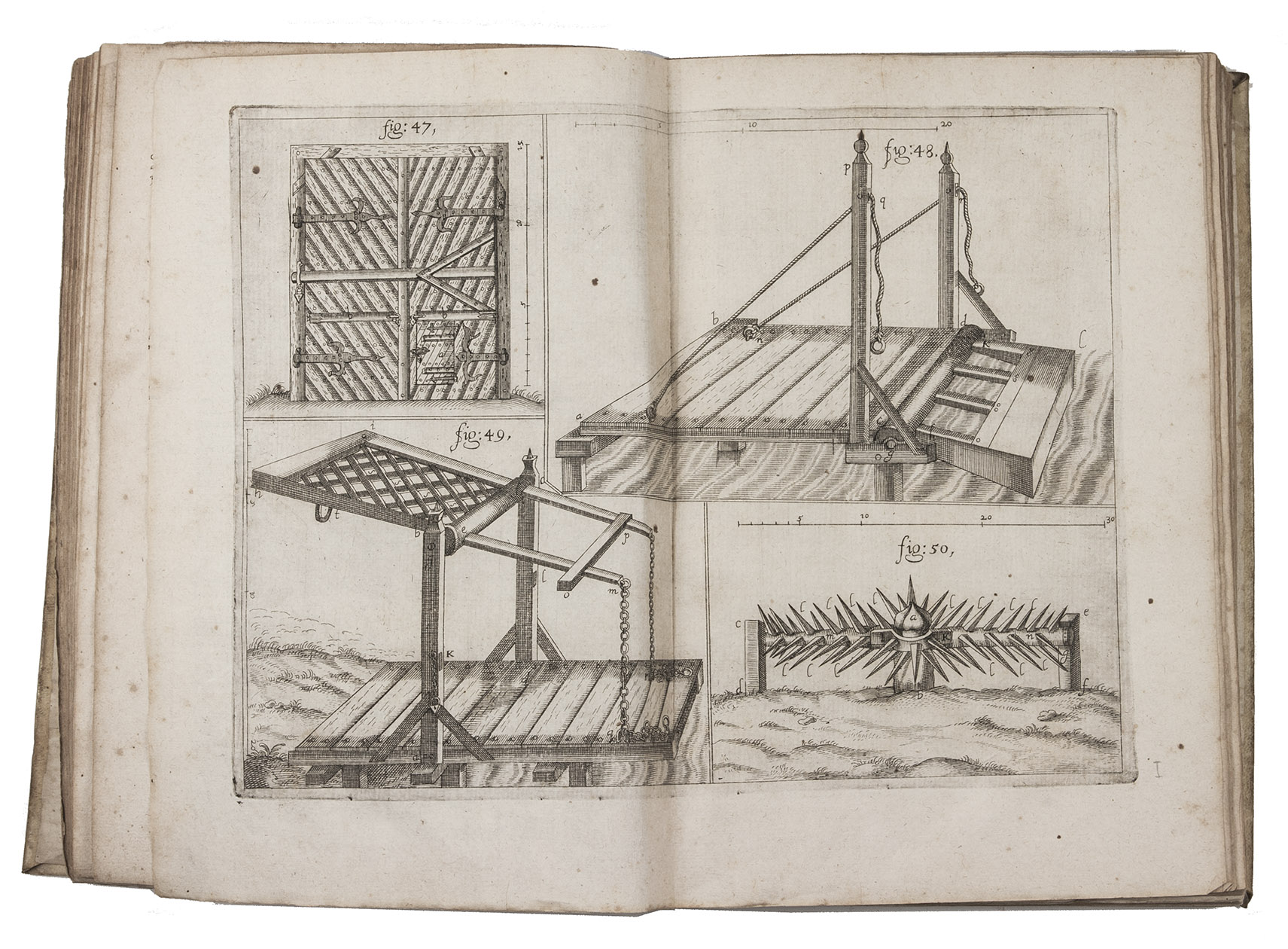 FREITAG, Adam. - L'architecture militaire ou la fortification nouvelle.Paris, Toussainct Quinet, 1640. Folio. With an engraved title-page, 35 double-page engraved illustration plates containing 185 numbered figures, and 8 double-page letterpress tables. Contemporary vellum.