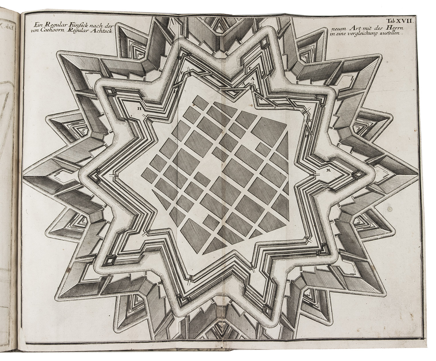 STURM, Leonhard Christoph. - Freundlicher Wett-streit der franzsischen, hollndischen und teutschen Krieges-Bau-Kunst, worinnen die Befestigungs-Manier des Hrn. von Vauban an Neu-Breisach, die beste Manier des Hrn. von Coehoorn, und Zweyerley Vostellungen der von L.C. Sturm publicirten, und nach des weit-berhmten Hrn. George Rimplers Maximen eingerichteten Manier, ...Augsburg, Jeremia Wolffens, printed by Peter Detleffsen, 1718. Folio. With 19 engraved plates (18 folding and 1 double-page), numbered I-XIX, and 1 woodcut illustration in text. Modern paper boards.