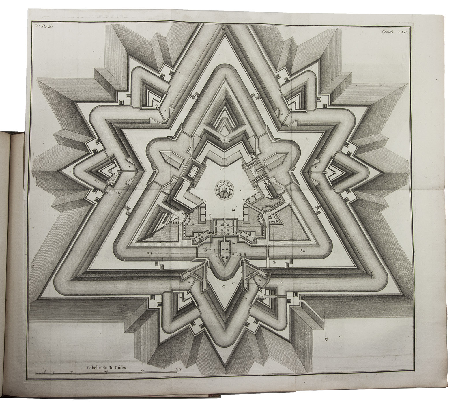 MONTALEMBERT, Marc-Ren de. - La fortification perpendiculaire, ou essai sur plusieurs manieres de fortifier la ligne droite, le triangle, le quarr, & tous les polygnes, ...Paris, Philippe-Denys Pierres, 1776-1778. 4 (of 5) volumes. Large 4to. With an engraved portrait of the author as frontispiece in volume 1 and with a total of 87 folding engraved plates. Contemporary calf, richly gold-tooled spine.