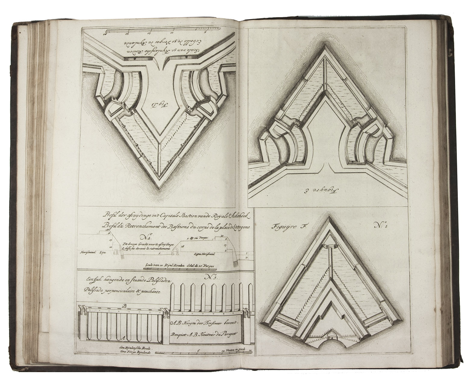 COEHOORN, Menno van. - Nieuwe vestingbouw, op een natte of lage horisont; welke op driederleije manieren getoont word in 't fortificeren der binnengrote van de Fransche royale seshoek...Leeuwarden, heirs and widow of Hendrik Rintjes, 1702. Folio. With 12 (of 14) engraved plates, including 6 folding and 3 double-page. Contemporary calf, with blind-stamped centrepiece on both sides.