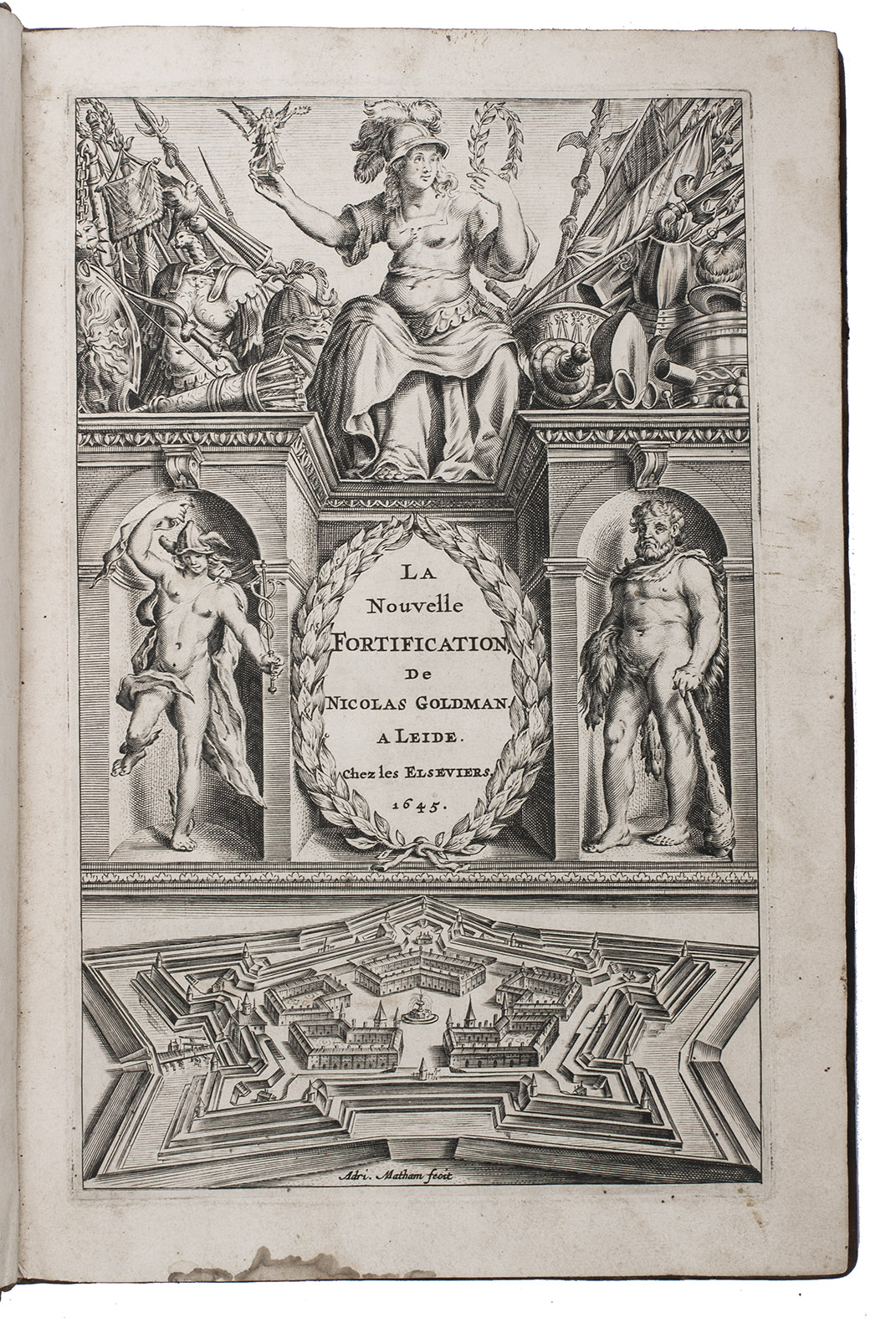 GOLDMANN, Nicolaus. - La nouvelle fortification ...Leiden, Bonaventura & Abraham Elzevier, 1645. Folio. With architectural title-page engraved by Adriaen Matham, 52 half-page engravings plus about 42 repeats in the text, and numerous letterpress tables in the text. Contemporary(?) mottled calf. Rebacked and with restorations in sheepskin.