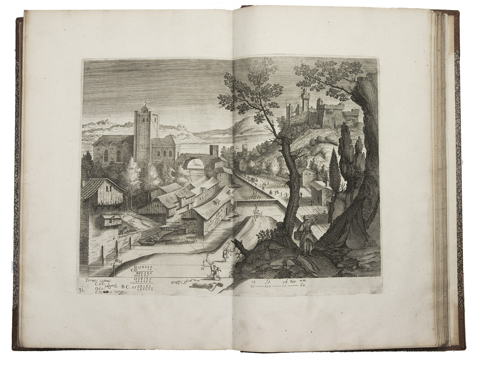 MAROLOIS, Samuel. - Fortification: wie ein Ort nach der wahren und fundamental-Kunst zubefestigen, ...Amsterdam, Johannes Janssonius, 1627. With an engraved title-page with the German title on a letterpress slip, 42 numbered double-page engraved plates and a double-page letterpress table.With: (2) MAROLOIS, Samuel. Geometria, auss der Frantzsischen in die Teutsche Sprach, ... ubersetzt.Amsterdam, Johannes Janssonius, 1627. With an engraved title-page with the German title on a letterpress slip, 47 numbered double-page engraved plates. 2 works in 1 volume. Folio. 20th-century half tan leather.