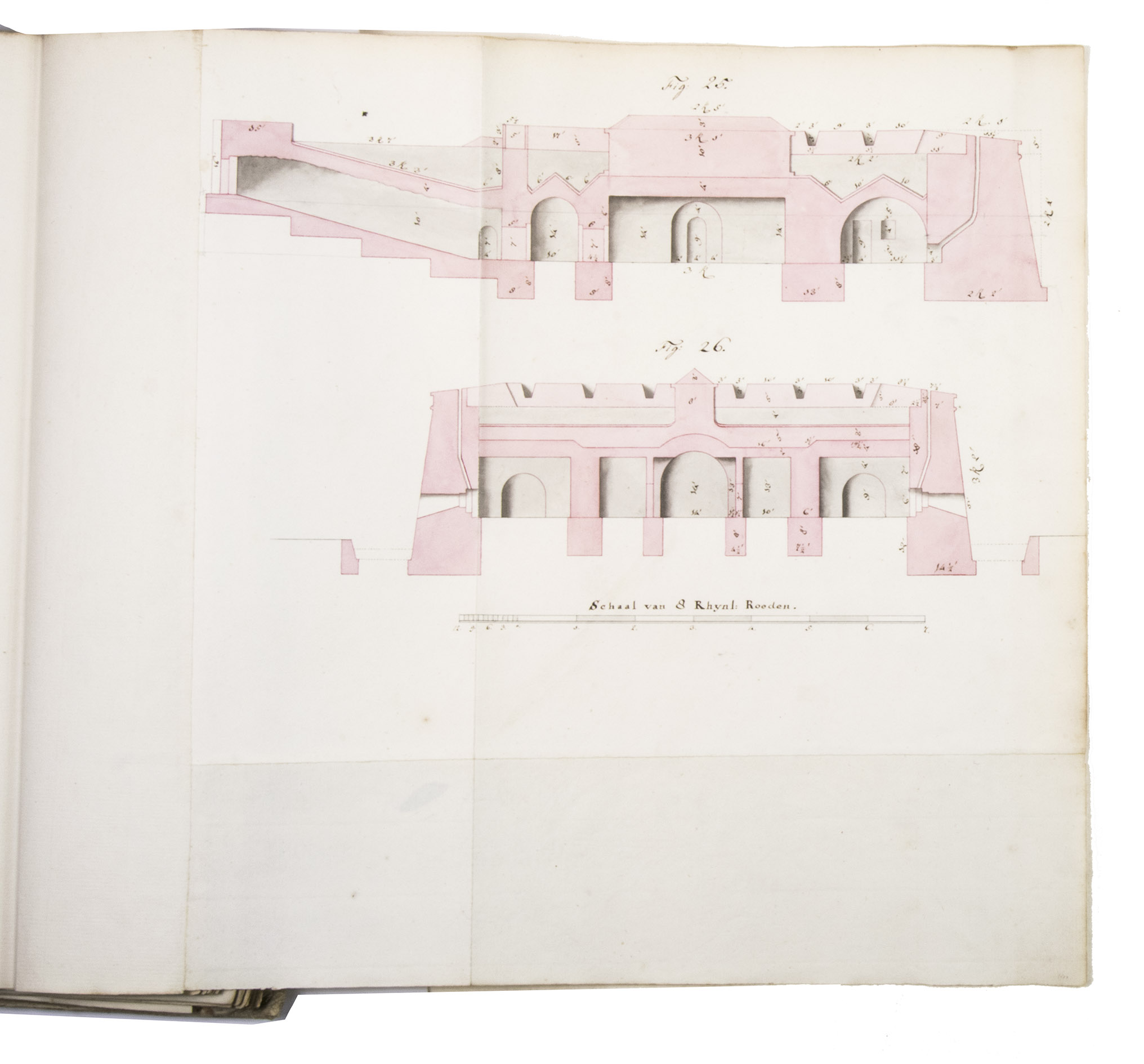 [FORTIFICATION]. HOOFF, Cornelis Christiaan van. - Grondbeginselen der vestingbouw, volgens de verschillende manieren van versterken van Pagan, Vauban en Coehoorn. Geconstrueerd getekend en beschreven door C C van Hooff. [The Hague], 1796. Folio. With a calligraphic title-page and 19 folding drawings (mostly about 32.5 x 51 cm, 6 longer: 78 to 138 cm, the longest assembled from 2 pieces before drawing) with 45 numbered figures, showing fortification plans and sections in black and red ink with coloured washes. With an 1857(?) photograph of a (ca. 1795?) miniature oval portrait of the author and 4 documents concerning the manuscript and the author's family (1933-1965), all loosely inserted. Contemporary half, tanned sheepskin, gold-tooled spine.