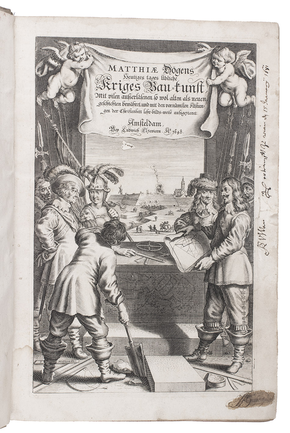 DÖGEN, Matthias. - Heutiges tages übliche Kriges Bau-kunst... Including: DÖGEN, Matthias. Streit-bau-Kunst, ...Amsterdam, Louis Elzevier, 1648. Folio in 4s (31 x 21 cm). With an integral engraved, illustrated general title-page, a letterpress divisional title-page for part 2, 29 double-page engraved plates, 40 double-page engraved plates, 5 woodcut decorated gothic initials. With 3 unsigned quires with letterpress tables of data made for this edition, but lacking in many copies. Set in fraktur types with incidental roman. Contemporary or near contemporary vellum, red sprinkled edges, manuscript spine title, remains of 1 of 4 green cloth ties.