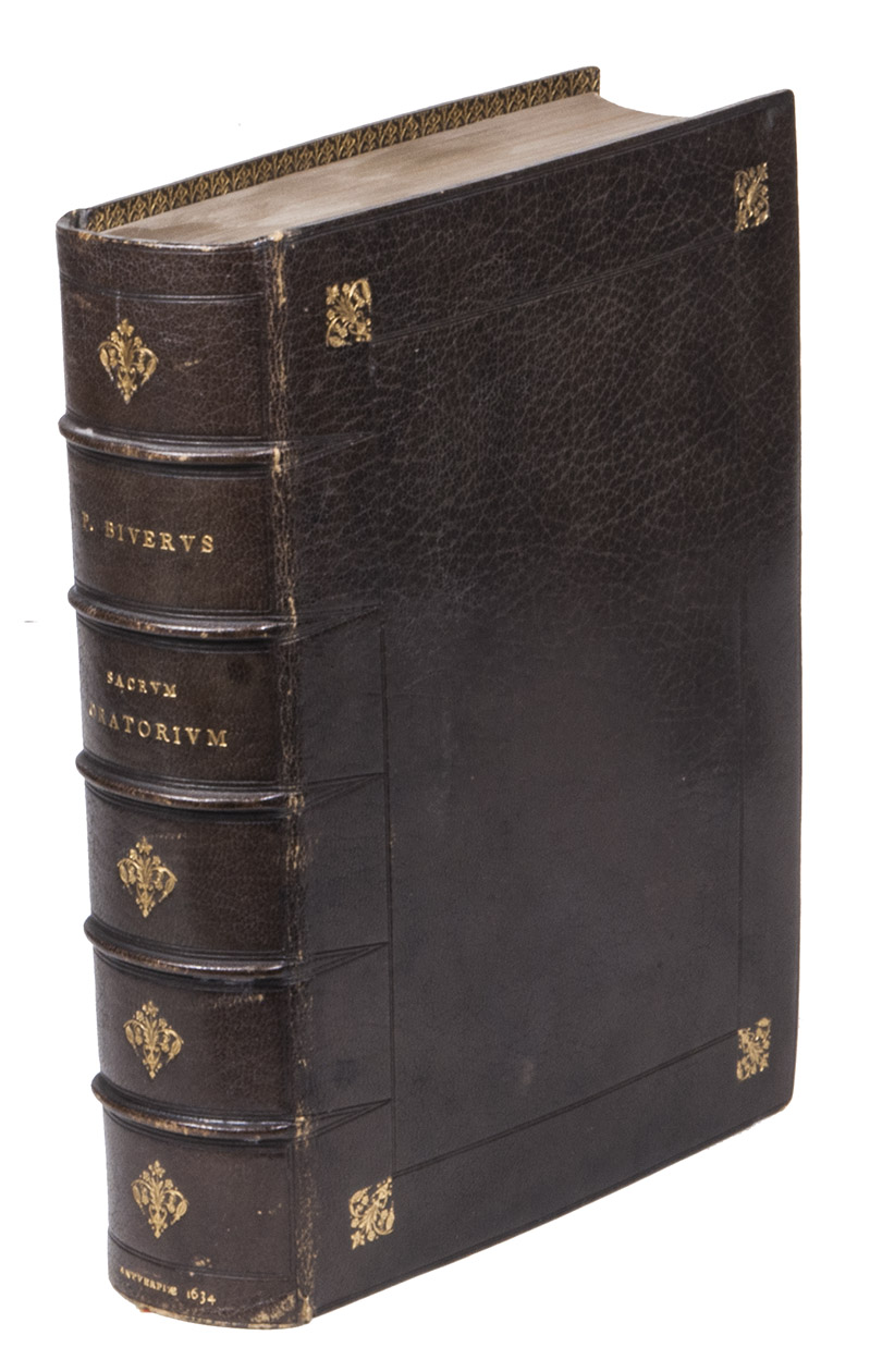 BIVERUS, Pierre. - Sacrum oratorium piarum imaginum immaculatae Mariae et animae creatae, ac baptismo, poenitentia, et eucharistia innovatae: ars nova bene vivendi et moriendi.Antwerp, Officina Plantiniana/Balthasar Moretus, 1634. 4to. With engraved title-page, 42 engraved plates by Charles de Mallery after Adam van Noort and Adriaan Collaert, 2 engravings in text, and 15 heart-shaped engraved emblems in text by Theodoor Galle. 19th-century gold-tooled brown morocco, gilt edges; bound by mile Bosquet.