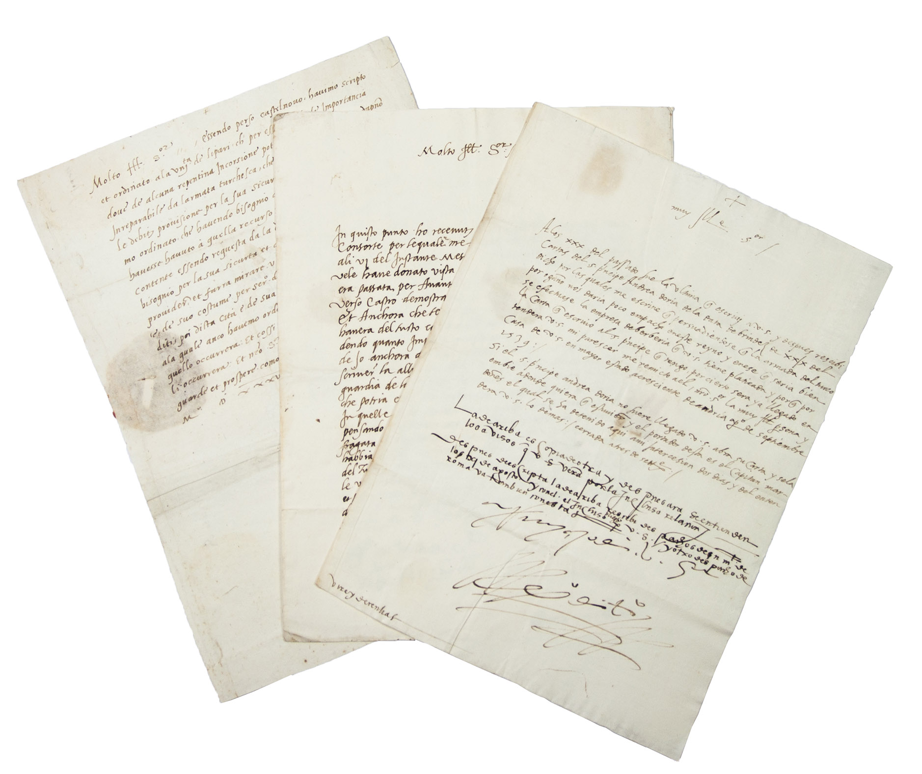 [LETTERS]. ALVAREZ DE TOLEDO, Pedro and Maria OSORIO Y PIMENTEL. - [Three letters to Ferrante Gonzaga, Viceroy of Sicily, two from Pedro Alvarez de Toledo and one from his wife Maria Osorio y Pimentel].Andria (in the Kingdom of Naples), 13 August to 10 September 1539. Folio (21.5 x 30 cm).(1) Letter in Italian, signed, from Pedro Alvarez de Toledo in Andria to Ferrante Gonzaga, 13 August 1539, with a 23 mm seal bearing Alvarez de Toledo's coat of arms (with a chain of flags) stamped on a slip of paper attached with red wax.(2) Letter in Spanish, signed, from Pedro Alvarez de Toledo in Andria to Ferrante Gonzaga, 3 September 1539, with the 45 mm imperial armorial seal stamped on a slip of paper attached with red wax.(3) Letter in Italian, signed, from Maria Osorio y Pimentel [in Andria] to Ferrante Gonzaga, 10 September 1539, with the remains of what appears to be her husband's 23 mm red wax seal.Each letter, in brown ink, occupies one page, with the last page containing the address and the sender's seal. The two inside pages of the second and third letter are blank. Each formerly folded for posting, so that the address would have appeared on one side and the seal on the other.