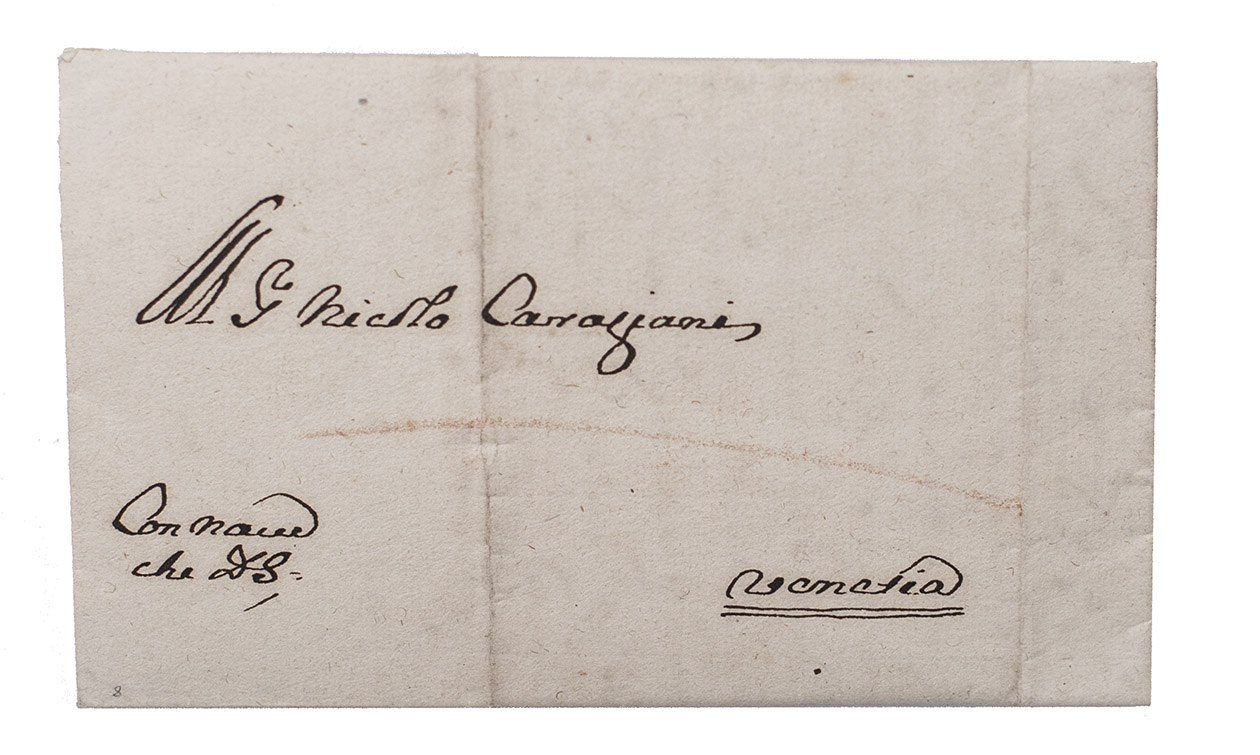 [AUTOGRAPH]. [PETEA(?)], Michiel. - [Letter, signed, to Nicol Caragiani in Venice concerning the trading conditions in Cairo for different woolen and silk fabrics].Cairo, 22 October 1732. Manuscript letter in Italian, opening with a duplicate of an earlier letter, in a different hand, dated 26 September 1732, written in ink on one page of a bifolium originally folded 4 more times for sending (to 8.5 x 14 cm) with the address on one side and traces of a red wax on the other.