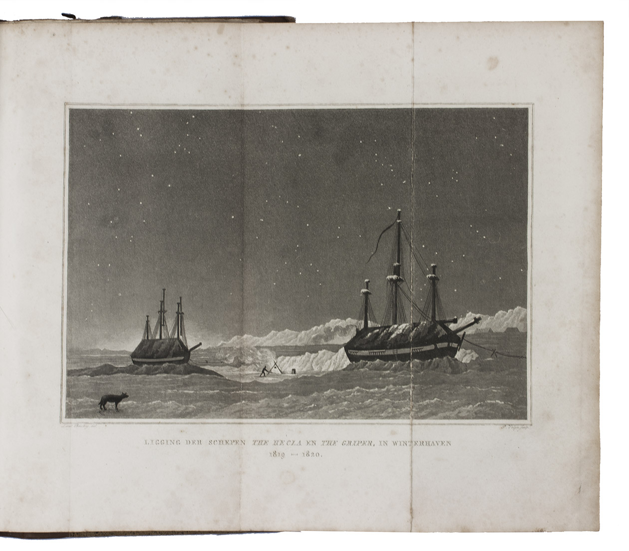 PARRY, William Edward. - Reis ter ontdekking van eene noordwestelijke doorvaart, uit de Atlantische in de Stille Zee, gedaan in de jaren 1819 en 1820 door de schepen The Hecla en The Griper...Amsterdam, Johannes van der Hey, 1822. 8vo. With engraved title-page, 1 large folding map and 3 plates (2 folding). Contemporary half calf.