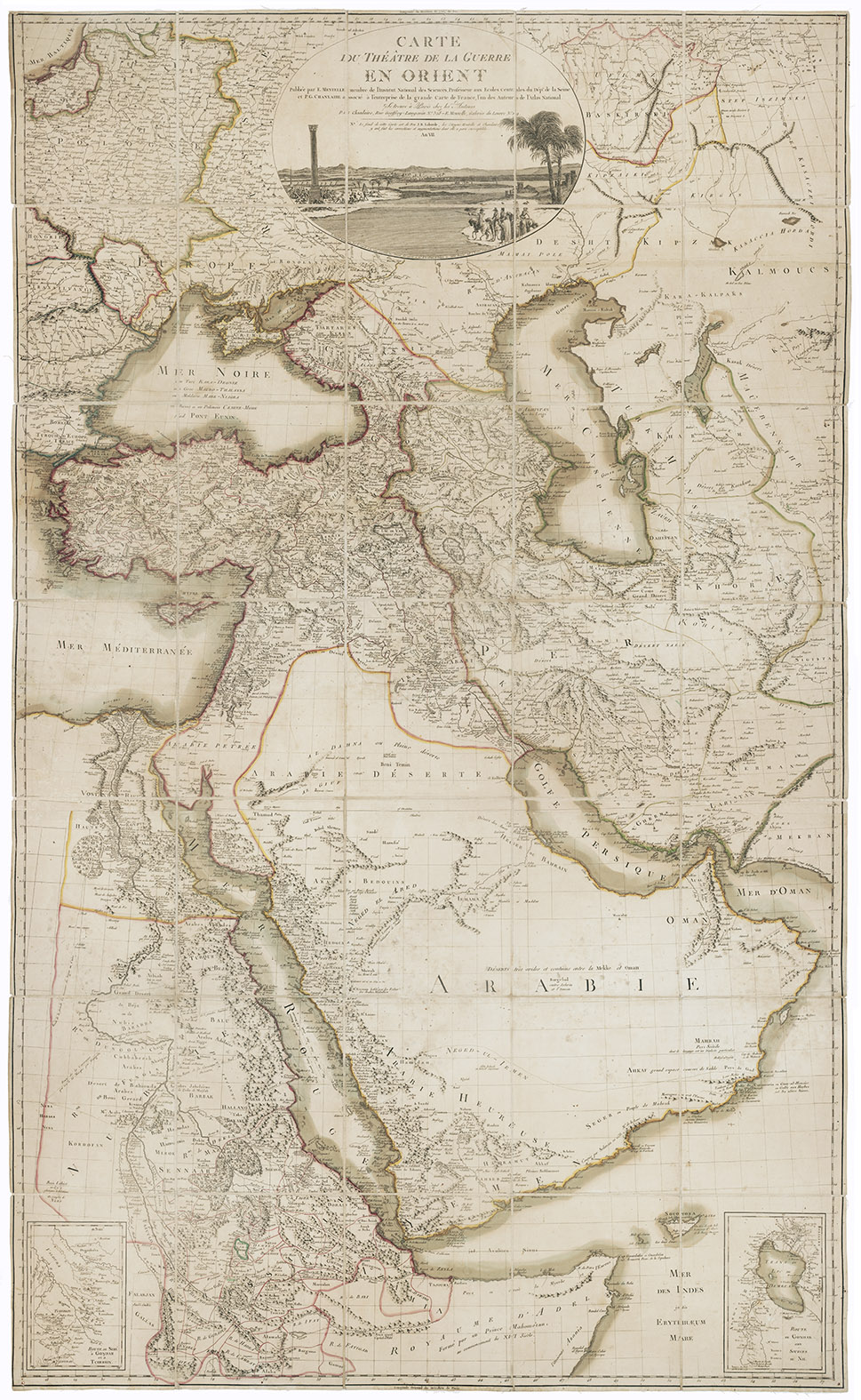 Jean CHANLAIRE, Pierre Gregoire and Edme MENTELLE. - Carte du thtre de la Guerre en Orient.Paris, Chanlaire & Mentelle, 1798-1799. Original outline colour. Dissected and laid on linen in two sections, 880 x 940 mm & 660 x 940 mm.
