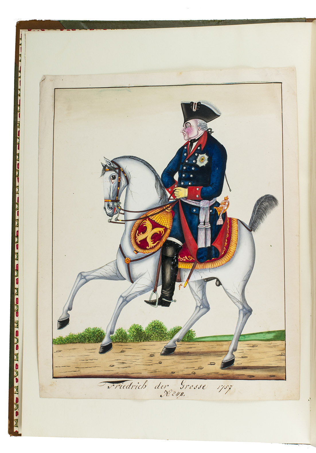 [MILITARY UNIFORMS]. - [Military and quasi-military uniforms, portraits and scenes of battles, uprisings etc.].[Austria or Saxony?, ca. 1870?]. Large folio album (39 x 30.5 cm). With 84 large watercolour drawings (28 x 16 cm to 25.5 x 36 cm) on wove paper, with captions in German and/or French, mounted on the (ca. 1962) album leaves, and with the coat of arms of Von Lindeman(n) of Sachsen-Anhalt (in coloured gouaches plus gold) mounted on the first page. Early 20th-century(?) half tanned sheepskin.