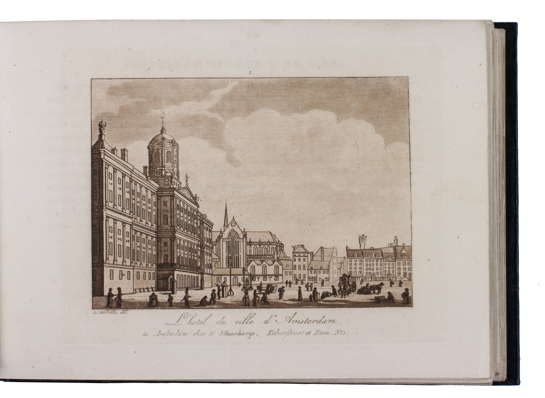 [MAASKAMP, Evert (editor)]. - Merkwaardige gezigten, gebouwen, monumenten en standbeelden in de noordelijke provintien van het Koningrijk der Nederlanden. | Vues remarquables, edifices, monumens et statues dans les provinces septentrionales du Royaume des Pays-Bas.Amsterdam, Evert Maaskamp, 1816. Oblong 8vo. With an engraved illustration on title-page and 37 sepia aquatints by Ludwig Portman after Gerrit Jan Michalis, Franciscus Aandreas Milatz, and Cornelius Overman. Contemporary gold-tooled dark blue boards.