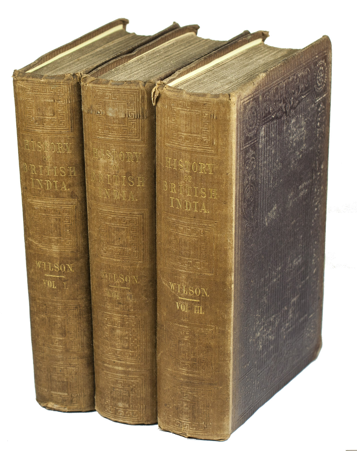 WILSON, Horace Hayman. - The history of British India. From 1805 to 1835.London, James Madden and co. (back of title-page: printed by S. & J. Bentley, Wilson and Fley), 1845-1848. 3 volumes. 8vo. Contemporary blind-blocked cloth.