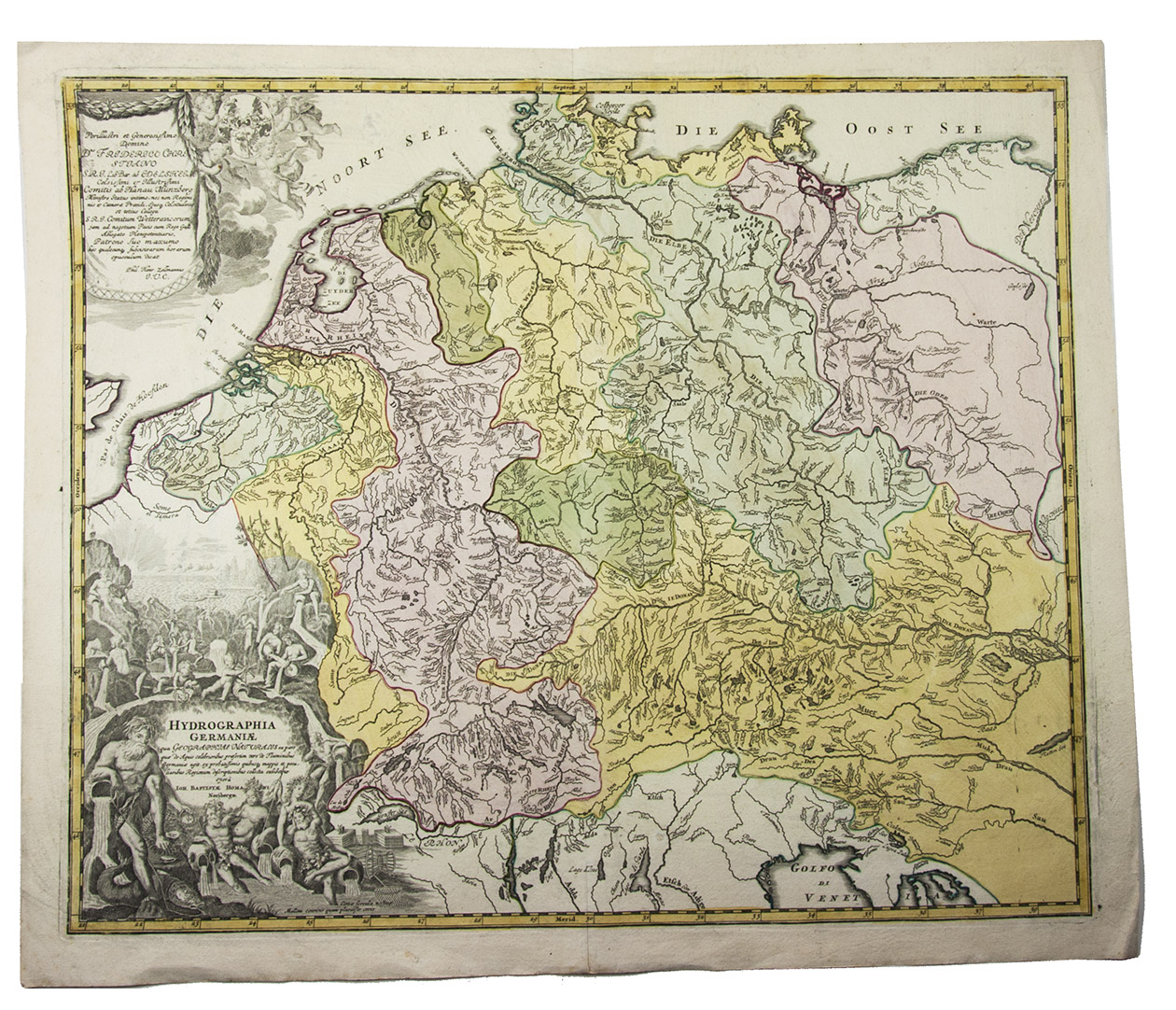 [MAP - GERMANY - LOW COUNTRIES]. HOMANN, Johann Baptist. - Hydrographia Germaniae qua geographiae naturalis ea pars quae de aquis celebrioribus praesertim vero de fluminibus Germaniae agit...Nuremberg, Johann Baptist Homann, [ca. 1710?]. Engraved map (48.5 x 58 cm) on a whole sheet of paper (53 x 63.5 cm), coloured in an early hand, with the title in an illustrated cartouche with Neptune and other mythological figures at lower left, an illustrated cartouche at upper left with a coat of arms, and a scale (ca. 1:2,400,000) in the margins.