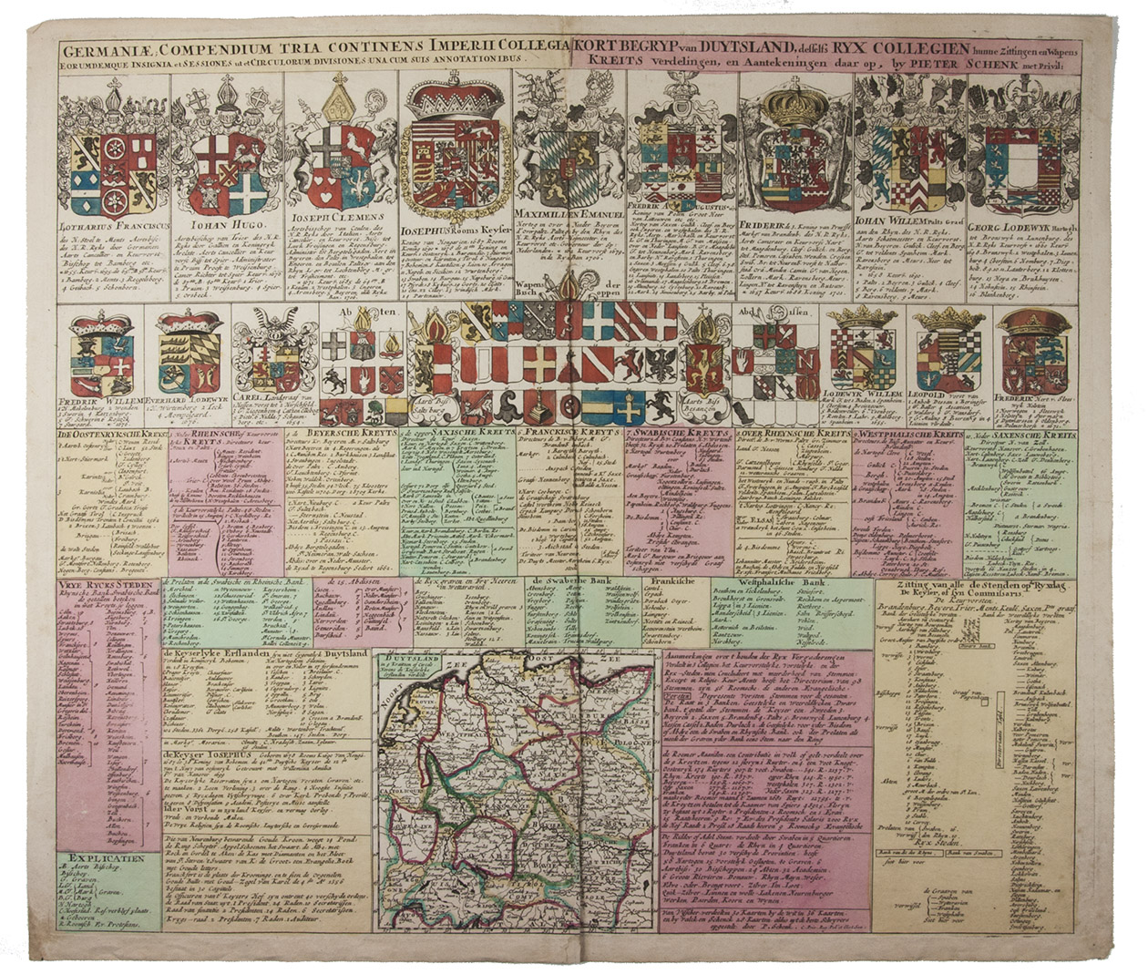 [HERALDIC CHART - GERMANY]. SCHENK, Pieter. - Germaniae compendium tria continens imperii collegia forumdemque insignia et sessiones ut et circulorum divisiones una cum suis annotationibus. | Kort begryp van Duytsland, desselfs ryx collegien hunne zittingen en wapens, kreitsverdelingen, en aantekeningen daar op.Amsterdam, Pieter Schenk, [1707]. Engraved chart (50 x 57) on a single sheet of paper (52.5 x 61 cm), coloured by a contemporary hand, depicting various coats of arms and including a small map (15.5 x 15.5 cm) of Germany.