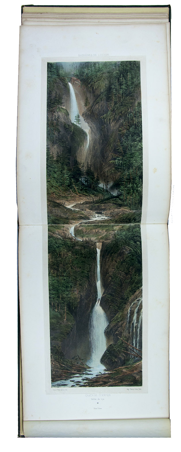 PETIT, Victor Jean-Baptiste. - Bagneres de Luchon et ses environs.Paris, Charles Boivin; Pau, Auguste Bassy, [ca. 1850]. Oblong folio (26.5 x 37.5 cm). With a lithographed title-page with a hand-coloured vignette, and 29 numbered lithographed plates, all coloured by hand and some double-page (including 1 folding out vertically) or folding panoramas. All plates mounted on thick wove paper with letterpress captions. Contemporary gold- and blind-blocked dark green cloth, gilt edges.