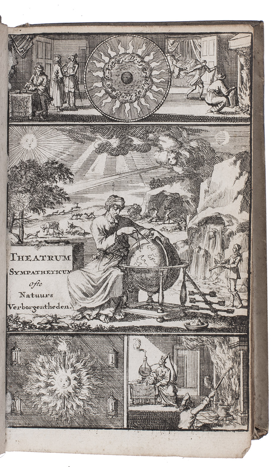 DIGBY, Kenelm, Nicolaus PAPINIUS and Athanasius KIRCHER. - Theatrum sympateticum, ofte wonder toneel der natuurs verborgentheden. ... Benevens twee waardige vervolgen, van veele zeldsame antipathien en sympathien. Als mede, hoe dat de dieren, planten, metalen, &c. zonder zaad of voortteelinge konnen voort komen, ... Vierde druk.Amsterdam, Nicolaas ten Hoorn, 1727. 8vo. With an engraved frontispiece by Jan Luyken. Contemporary vellum.