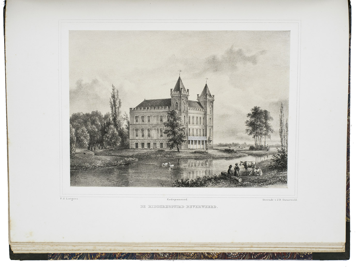 LUTGERS, Petrus Josephus. - Gezigten in de omstreken van Utrecht, opgedragen aan H.M. de Koningin der Nederlanden. Naar de natuur geteekend en op steen gebragt door P.J. Lutgers met geschiedkundige aanteekeningen van W.J. Hofdijk.[The Hague, J.D. Steuerwald], 1869. Folio. With a lithographed title-page (with a separately tinted lithographed view) and 87 tinted lithographed plates (ca. 16.5 x 22.5 cm), designed and lithographed by P.J. Lutgers. Near contemporary half sheepskin by J.A. Loebr, Leiden