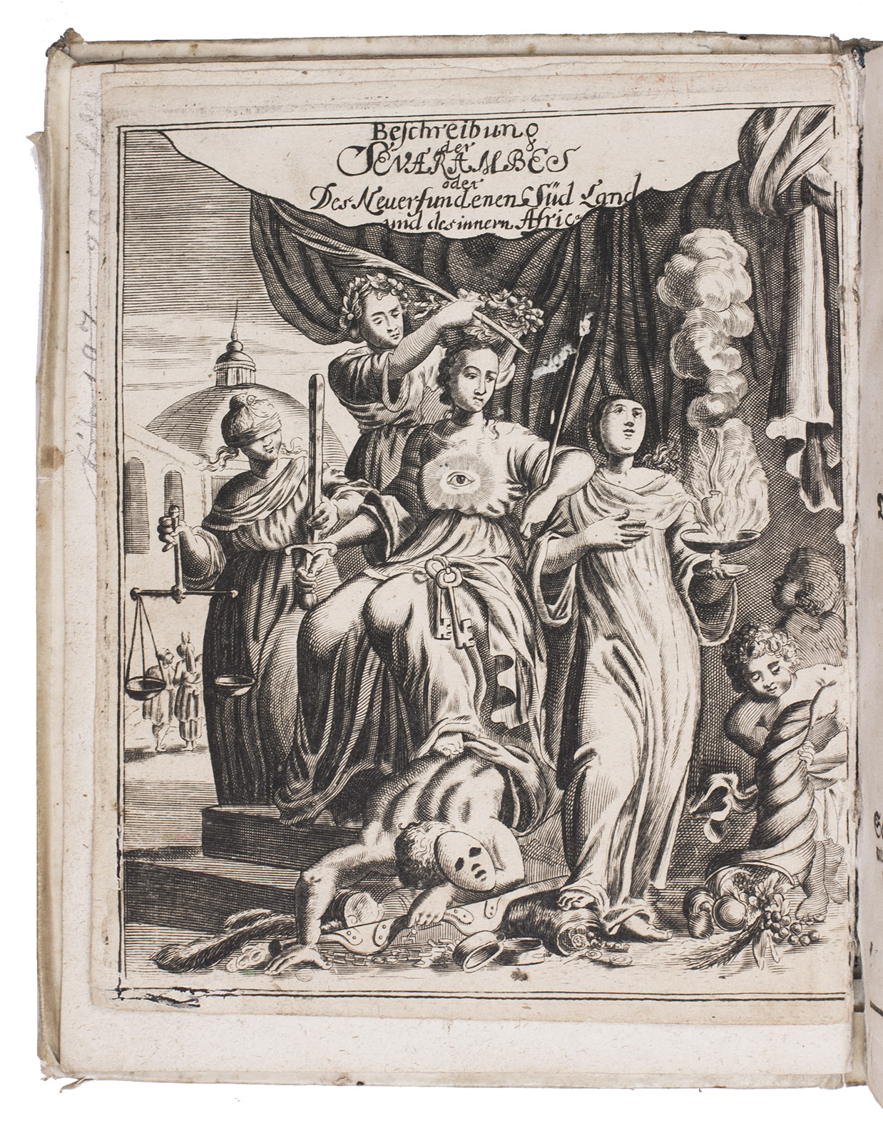 [VAIRASSE D'ALLAIS, Denis and Thomas SMITH]. - Geographisches Kleinod, aus zweyen sehr ungemeinen Edelgesteinen bestehend; darunter der Erster eine Historie der New-gefundenen Vlcker Sevarambes genannt, ... Der Ander aber vorstellet die seltzamen begebenheiten herren T.S. eines englischen Kauff-Herrens...[Sultzbach], printed by Abraham Lichtenthaler, 1689. 4to. With engraved frontispiece, 16 engraved plates and some woodcut initials. Contemporary vellum.