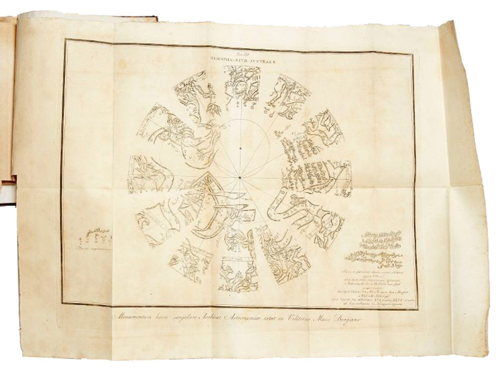 ASSEMANI, Simone. - Globus caelestis Cufico-Arabicus Veliterni Musei Borgiani ... illustratus. Praemissa ejusdem De Arabum astronomia dissertatione et adjectis duabus epistolis Cl. Josephi Toaldi.Padua, Seminary printing office, 1790. Small folio (21.5 x 29.5 cm). With 3 large folding engraved plates. Contemporary green half calf, gold-tooled spine, marbled sides.