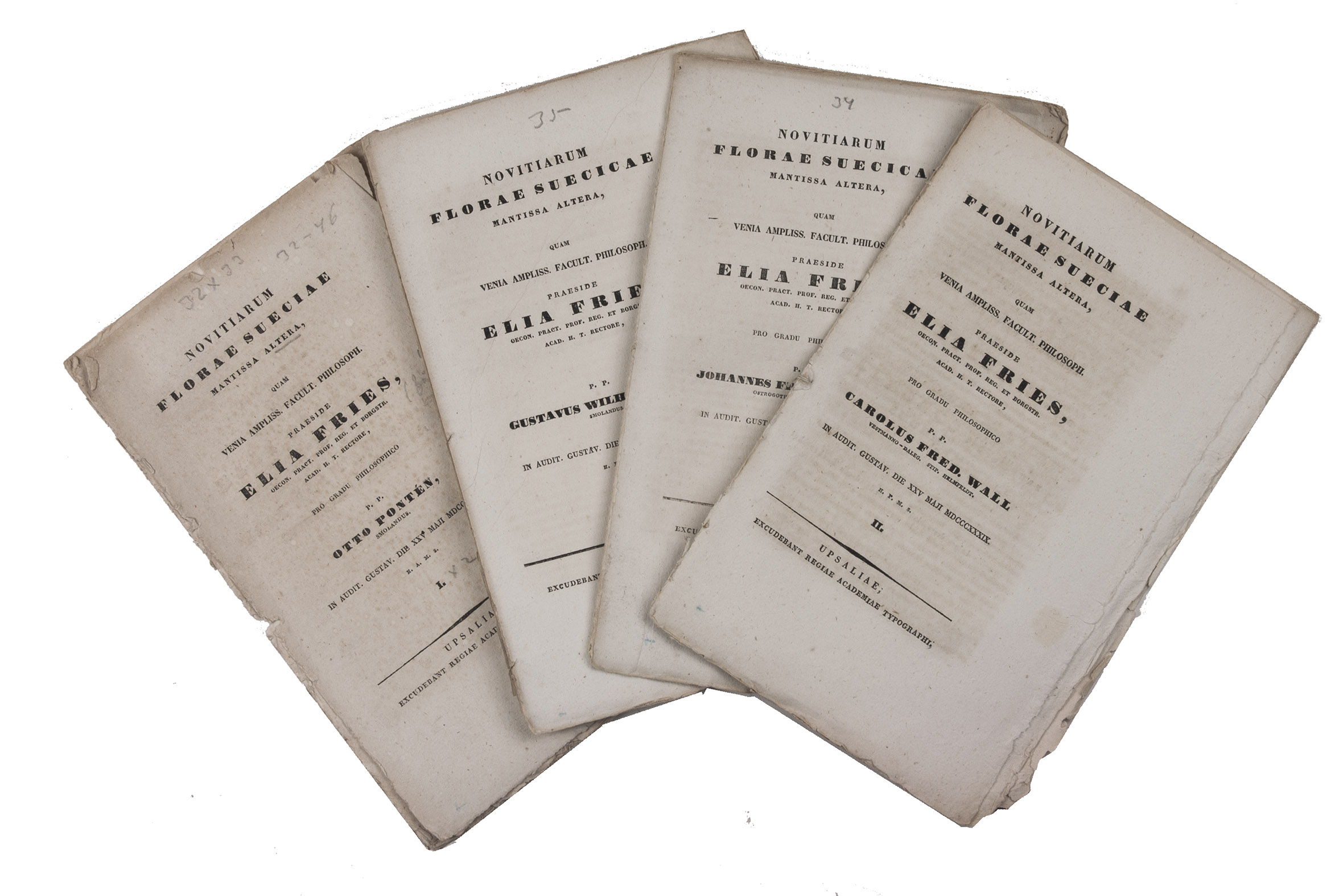 FRIES, Elias Magnus. - Novitiarum florae Sueciae mantissa altera.Uppsala, 1839. 4 parts. 8vo. Unbound.