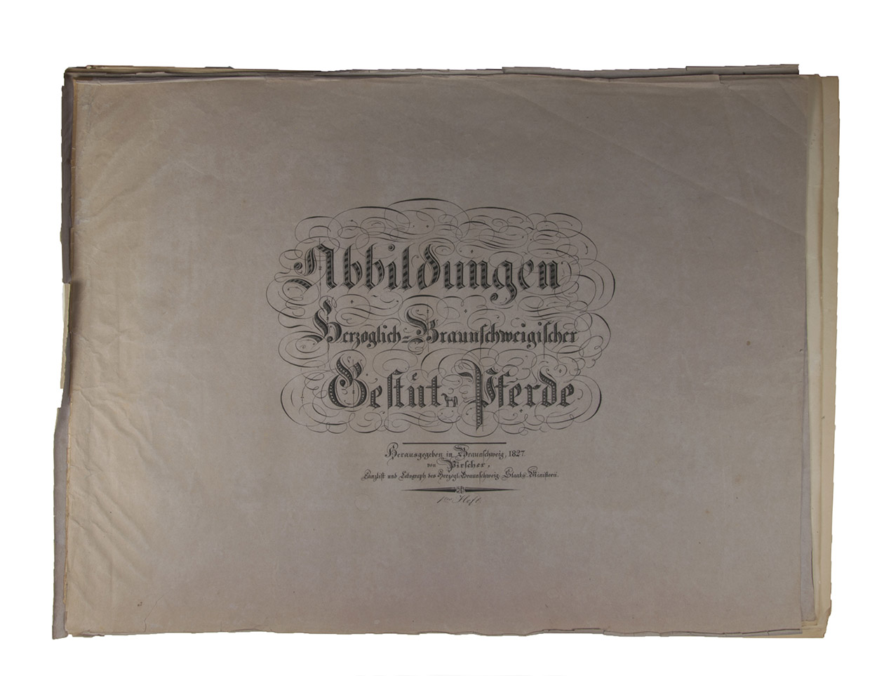 PIRSCHER, Karl Dietrich. - Abbildungen Herzoglich-Braunschweigischer Gestt-Pferde  1tes Heft.Braunschweig, 1827-1828. Oblong 1mo (47.5 x 63 cm). First instalment of 6 lithographed plates of horses, plus 1 additional lithographed view, all beautifully coloured by a contemporary hand with highlights in gum arabic, and including two with the captions and artists name in manuscript. All loosely preserved in a proof state of the original publisher's lithographed paper wrappers, including a list of plates. Preserved in a modern portfolio.