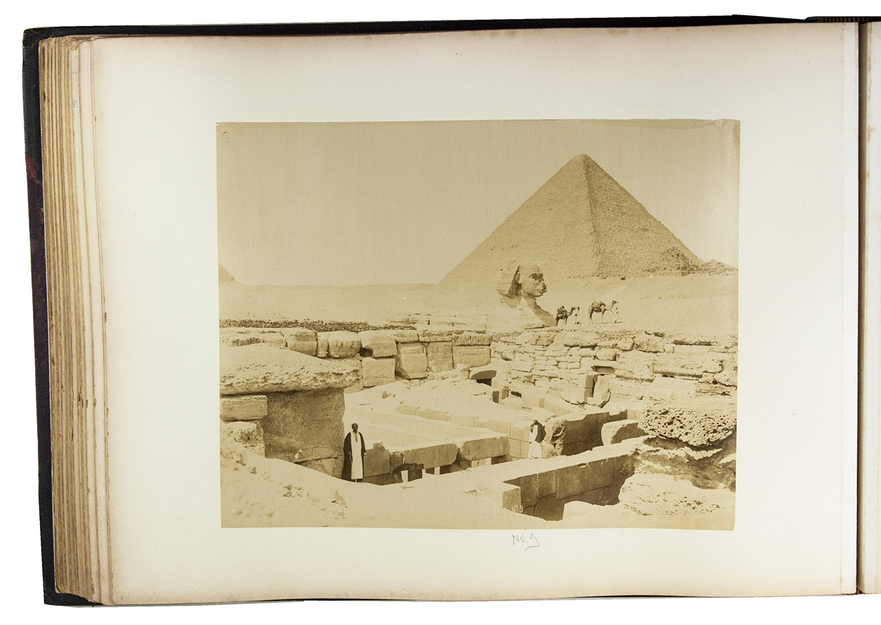 BONFILS, G. LEKEGIAN & CO, Brothers ZANGAKI, Collection MERLIN and Carlo NAYA. - [Souvenir album with photographs of the Holy Land, Cairo, Athens and Venice].[Palestine, Cairo, Athens, Venice, ca. 1890]. Oblong album (41.5 x 31 cm) containing 62 albumen prints, mostly 23 x 28 cm, with 2 smaller prints of ca. 16 x 28 and 5 large prints of 35.5 x 27 cm. Most of the photographs are numbered and captioned in French, and sometimes also in English, on the negative. Contemporary brown half morocco.