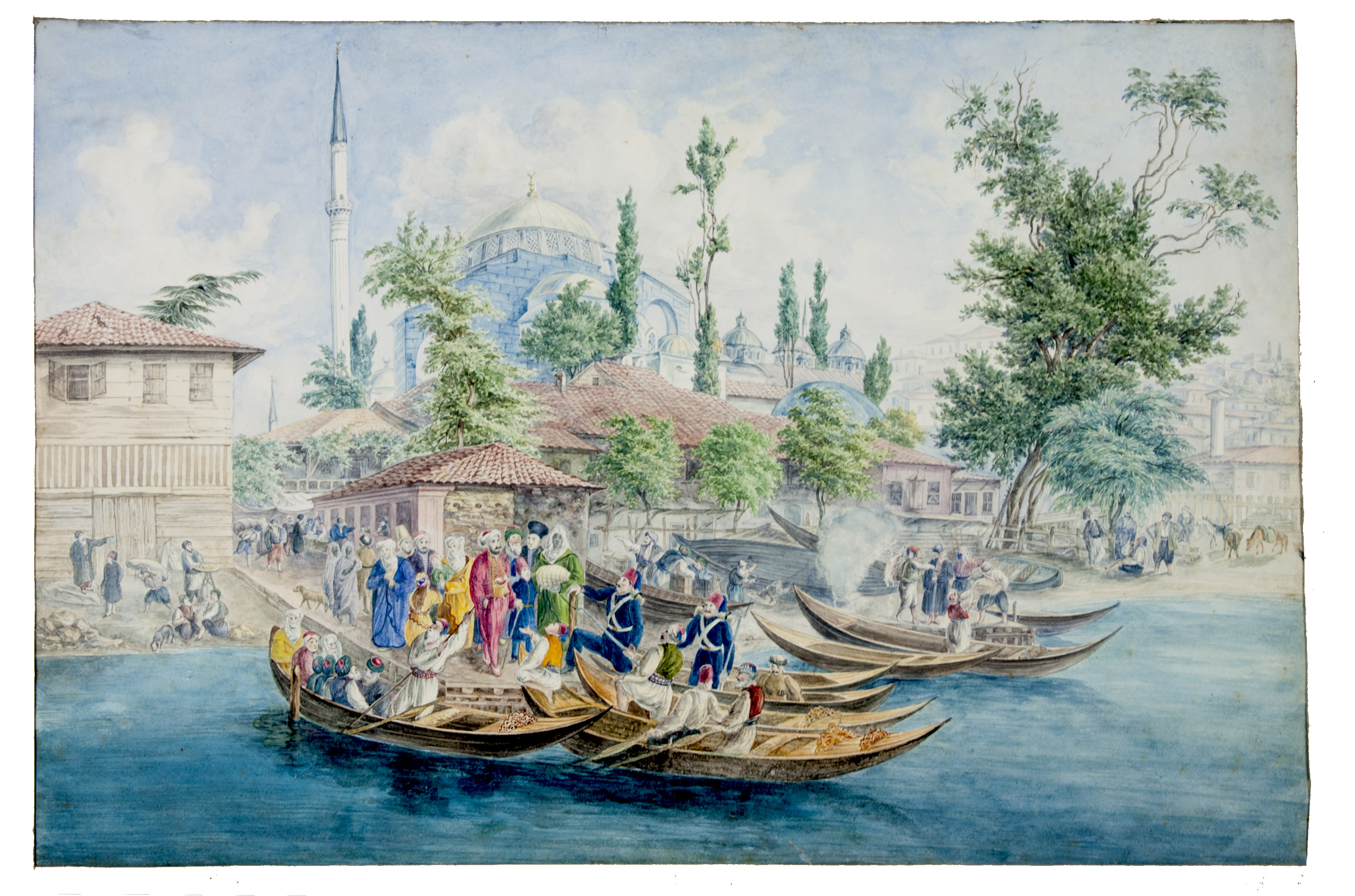 [ISTANBUL]. [KING, Helena Caroline or Adelaide Charlotte]. - [Prominent Ottoman and entourage boarding boats before the Kilic Ali Pasha Mosque].[Istanbul?, ca. 1830/50?]. Watercolour drawing on wove paper (29.5 x 45 cm) with highlights in shellac and a thin black border. Mounted on a larger sheet of paper in a passe-partout.