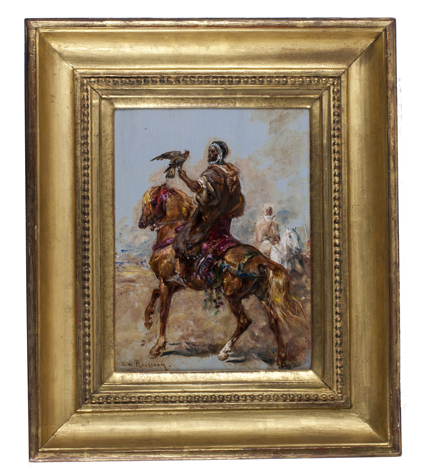 ROUSSEAU, Henri-milien. - [Bedouin falconer].[Morocco, 1920s]. Oil on wooden panel (21 x 16 cm), signed at the lower left 