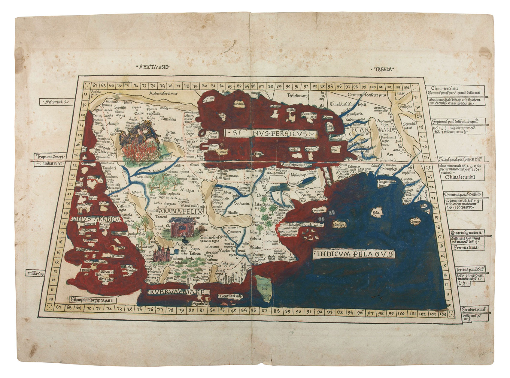 [MAP - ARABIAN PENINSULA]. PTOLEMAEUS, Claudius. [Jacobus ANGELUS, trans.; Nicolaus GERMANUS, ed.]. - Sexta Asie Tabula.Ulm, Lienhart Holle, 1482. Oblong 1mo (whole sheet: 41.5 by 57 cm). With a double-page woodcut map. Finely coloured by a contemporary hand, with near-contemporary manuscript vignette illustrations of an Ababeel bird, Makkah (Mecca) and the Kaaba in pen and wash highlighted in gold.