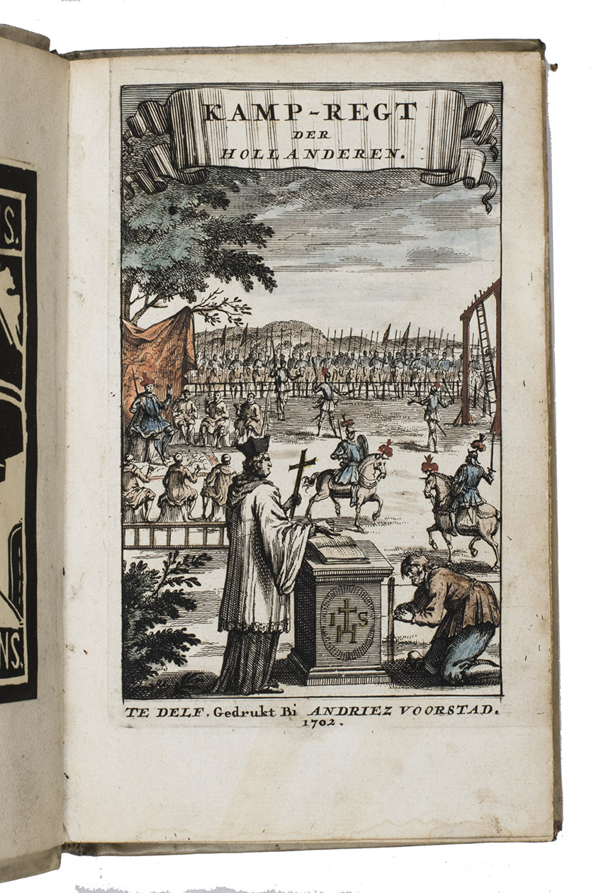 ALKEMADE, Kornelis van. - Behandeling van 't kamp-regt; d'aaloude en opperste regts-vordering voor 't hof van Holland, onder de eerste graaven.Delft, Andries Voorstad, 1702. 8vo. With engraved frontispiece and 7 full-page engraved plates (frontispiece and first 3 plates (partly) colored by hand). Contemporary vellum.