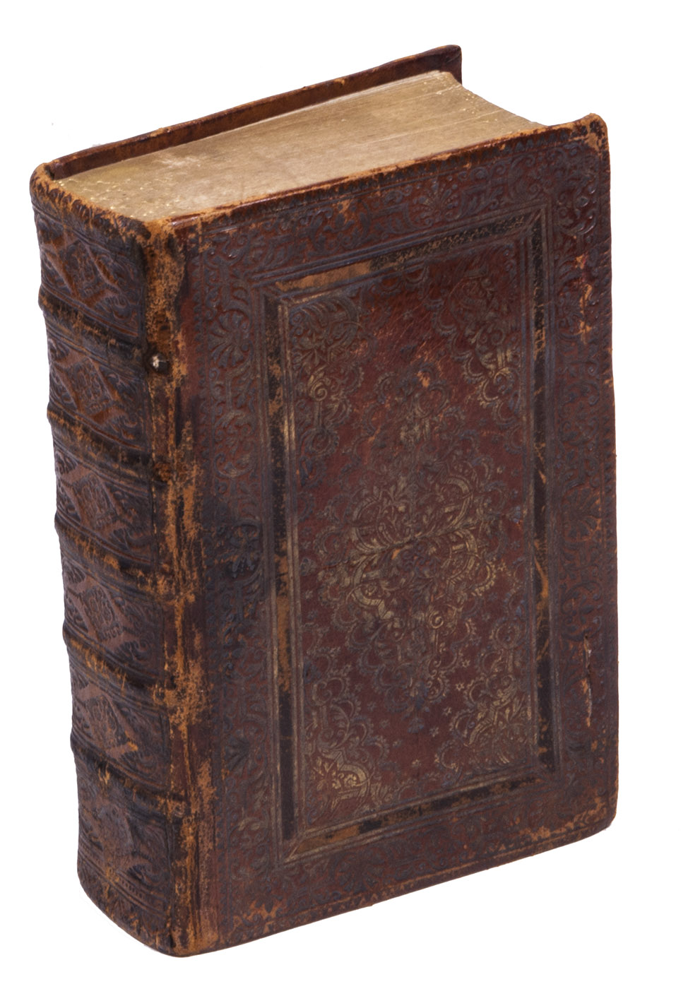 MACROBIUS, Theodosius Ambrosius. - Quae exstant omnia, diligentissime emendata, et cum optimis editionibus collata, ut ex praefatione manifestum.Padua, Giuseppe Comino, 1736. 8vo. With engraved device on title-page, 5 woodcuts in text and woodcut arms above the colophon. Contemporary richly gold-tooled morocco (goatskin), each board with a large centre-piece in a panel design, gilt and gauffered edges, traces of clasps.