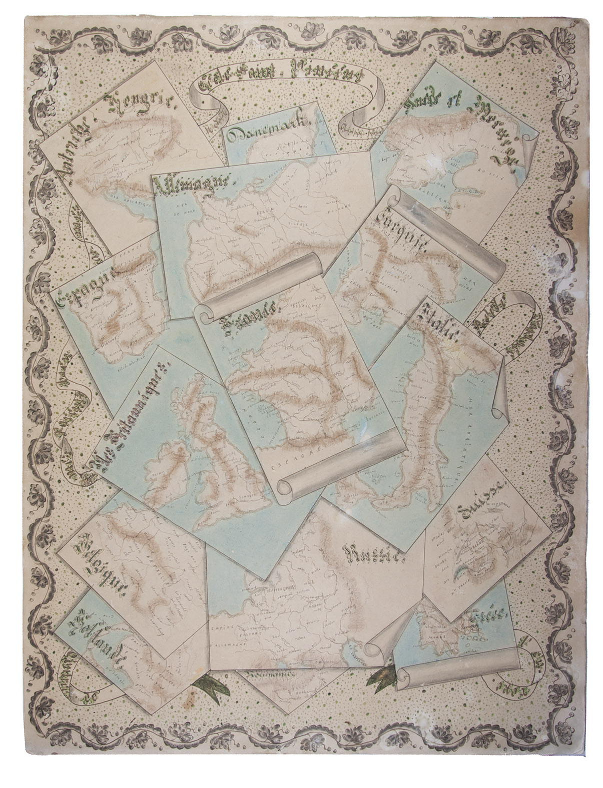 [DRAWING - TROMPE-L'OEIL - MAPS]. - [Trompe-l'oeil drawing of country maps on a decorated background, titled:] Ciels Saint-Vincent.[France?], August 1888. Brown and black ink, watercolour, chalk and gold paint on paper, mounted on several laminated sheets of paper (69.5 x 52.5 cm).