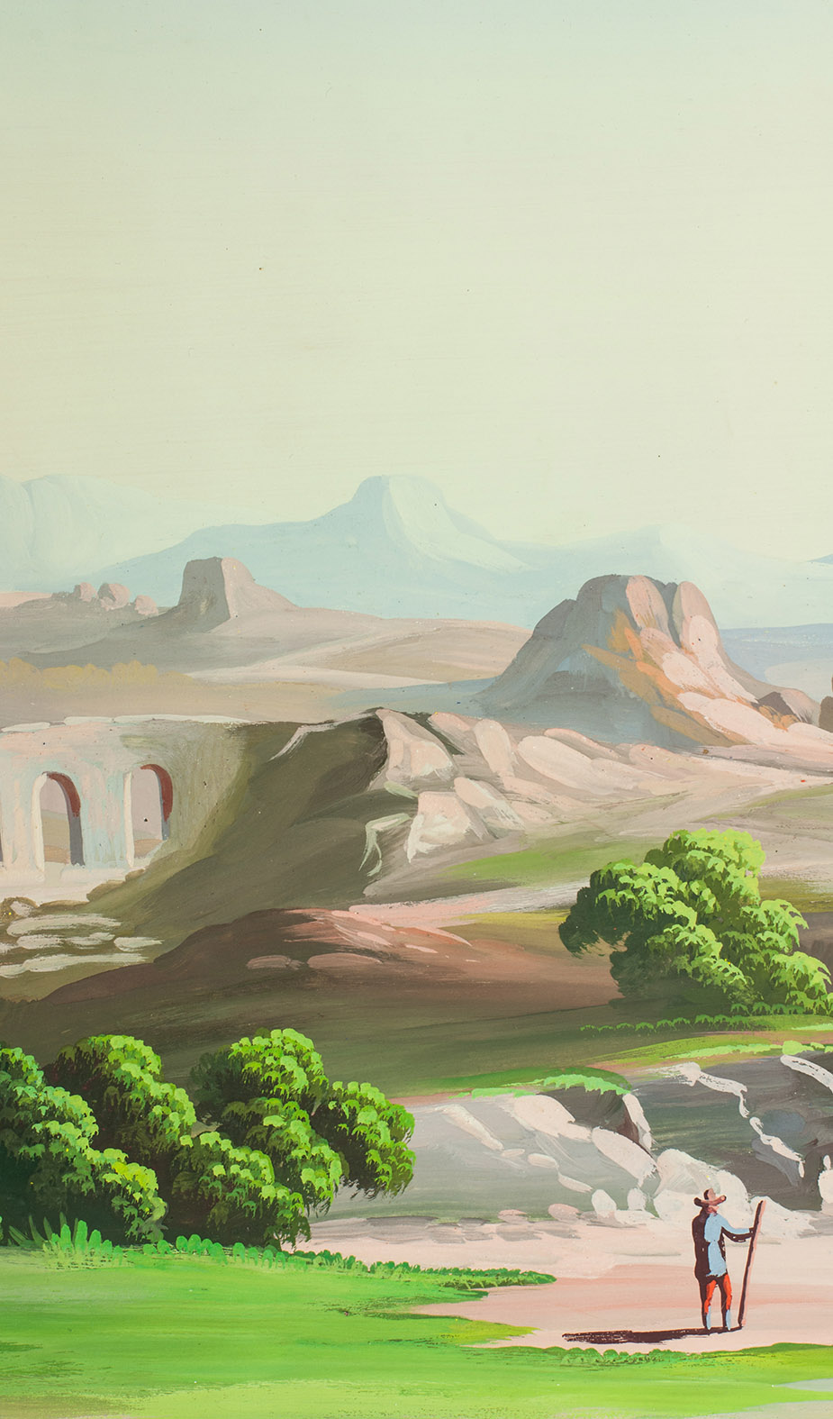 [VIEW - MIDDLE EAST]. - [Mountainous landscape with Middle Eastern and classical Roman ruins, 6 shepherds with their flocks, several figures riding dromedaries and one riding a donkey, (date?) palms, lakes, etc.]. [Palestine?, ca. 1910?]. An enormous panoramic view drawn in coloured gouaches on a single, continuous roll of paper (70 x 583 cm), the drawing running to the edges of the paper.