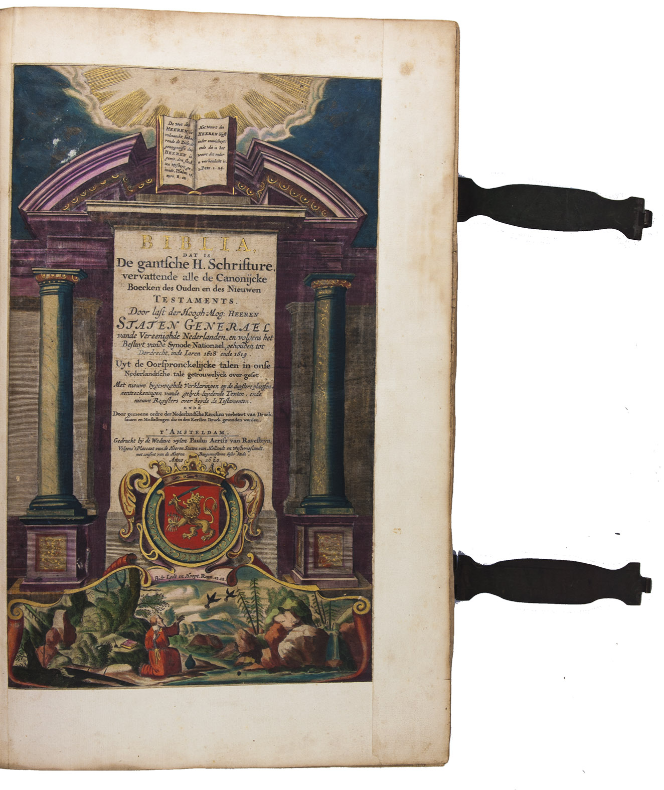 [BIBLE - DUTCH]. - Biblia, dat is: de gantsche H. Schrifture, vervattende alle de canonijcke boecken des Ouden en des Nieuwen Testaments.Amsterdam, widow of Paulus Aertsz. van Ravesteyn, 1660. 3 parts in 1 volume. Large folio (45 x 30 cm). With an integral engraved general title-page, 6 double-page engraved maps, including a world map and a plan of Jerusalem, and 96 Bible illustrations published by Frederick de Wit (engraved by Cornelis Danckerts after Matthus Merian?) on 6 double-page plates. The engraved title-page, devices on the letterpress title-pages, maps, illustrations, and many of the woodcut decorations and initials (including all those on the back of the maps) coloured by a contemporary hand with extensive use of gold. Later (ca. 1800?) blind-tooled calf, 2 pair of brass fastenings. Modern (ca. 1900?) endpapers.