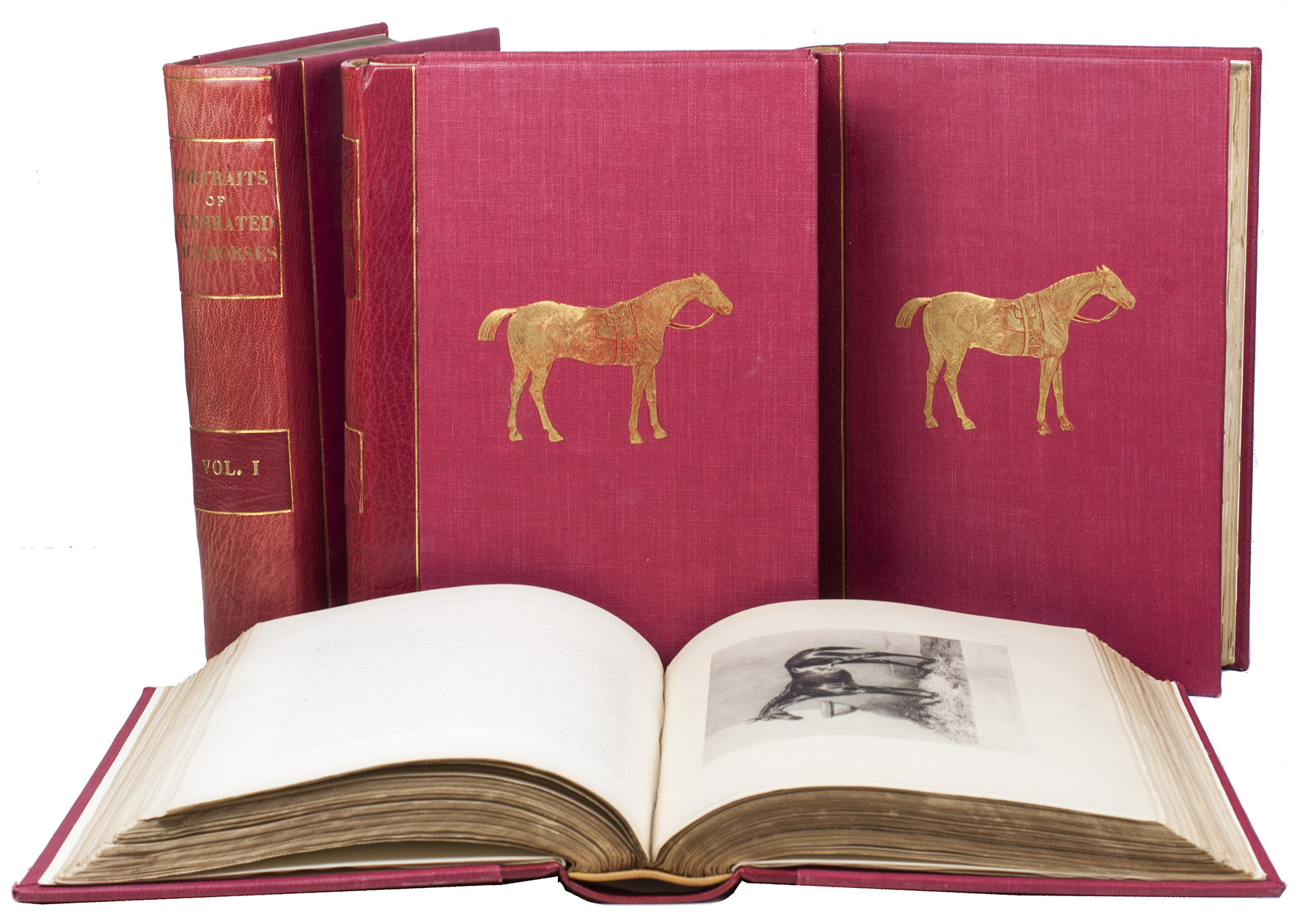 TAUNTON, Thomas Henry. - Portraits of celebrated racehorses of the past and present centuries in strictly chronological order, commencing in 1702 and ending in 1870[,] together with their respective pedigrees and performances recorded in full.London, Sampson Low, Marston, Searle & Rivington, 1887-1888. 4 volumes. 4to. With a frontispiece in each volume, and a total of 459 (of 460) plates (mostly collotypes and engravings, a few line- and photo-engravings). Original publisher's red half sheepskin, cloth sides with a racehorse in gold on front boards.