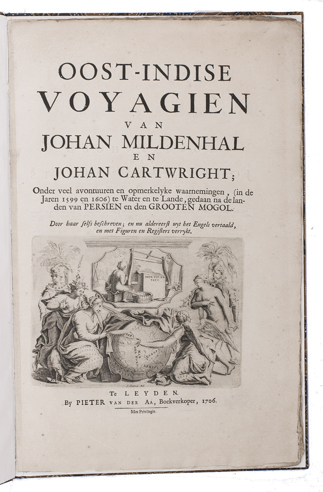MILDENHALL, John, John CARTWRIGHT and [Samuel PURCHAS (editor)]. - Oost-Indise voyagien van Johan Mildenhal en Johan Cartwright; onder veel avontuuren en opmerkelyke waarnemingen, (in de jaren 1599 en 1606) te water en te lande, gedaan na de landen van Persien en den Grooten Mogol.Leiden, Pieter van der Aa, 1706. Folio. With an engraving on the title-page by Jan Goeree, 2 engraved illustrations in text and a woodcut tailpiece. Modern decorated cloth, dark blue title-labels.