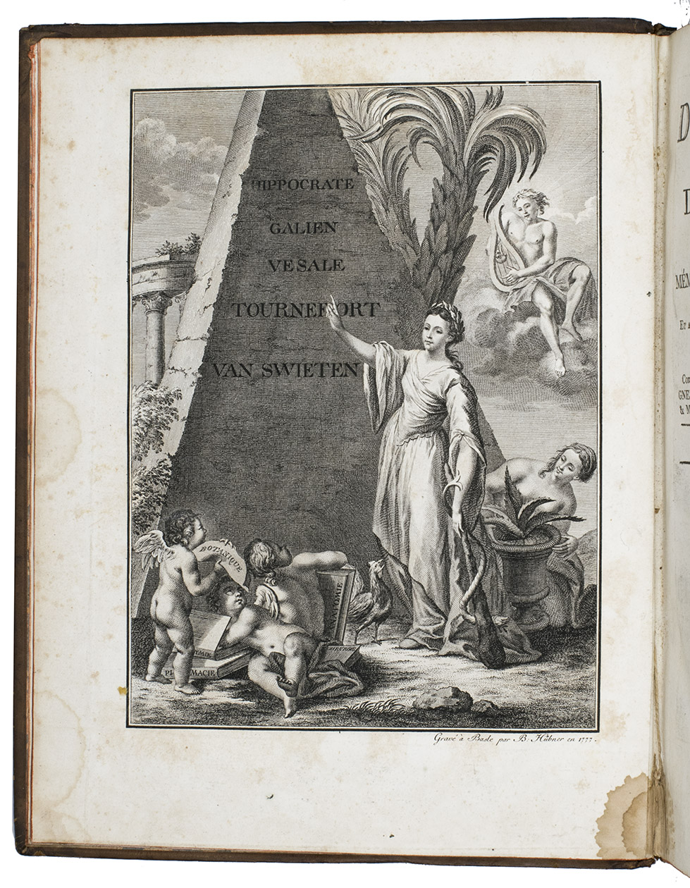 ELOY, N.F.J. - Dictionnaire historique de la mdecine ancienne et moderne. Ou mmoires disposs en ordre alphabtique pour server  lhistoire de cette science, et  celle des medecins, anatomistes, botanistes, chirurgiens, et chymistes de toutes nations.Mons, H. Hoyois, 1778. 4 volumes. Large 4to. With engraved allegorical frontispiece; woodcut printers devices, engraved and typographical head- and tailpieces. Contemporary calf, gold-tooled spine, red morocco spine label with title in gold, red edges, marbled endpapers