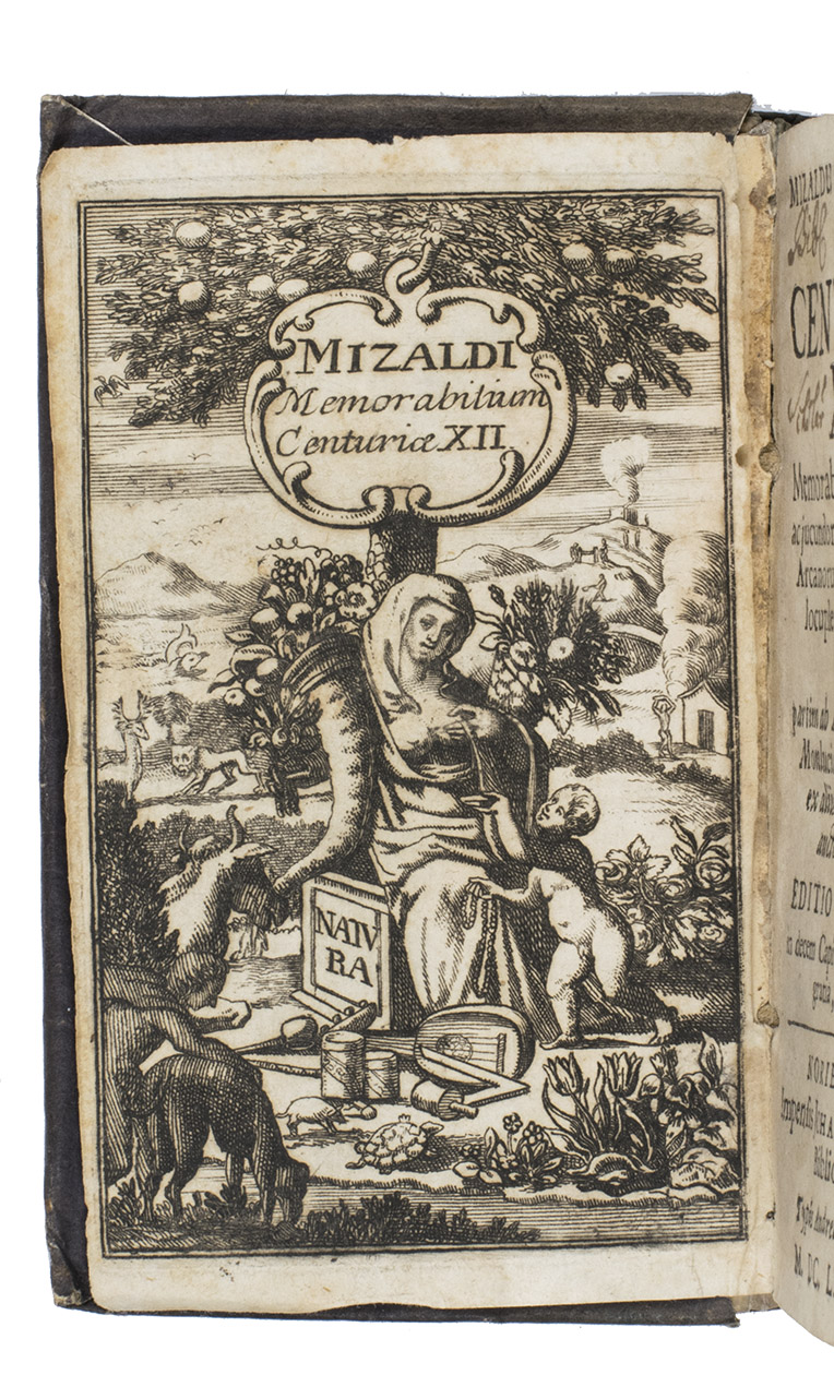 MIZAULD, Antoine. - Mizaldus redivivus. Sive centuriae XII memorabilium, utilium ac iucundorum in aphorismos arcanorum omnis generis locupletes, perpulchre digestae.Nrnberg, Andreas Knorzius for Johann Zieger, 1681. Small 8vo. With allegorical frontispiece and some woodcut headpieces. Half vellum with black 19th-century paper sides.