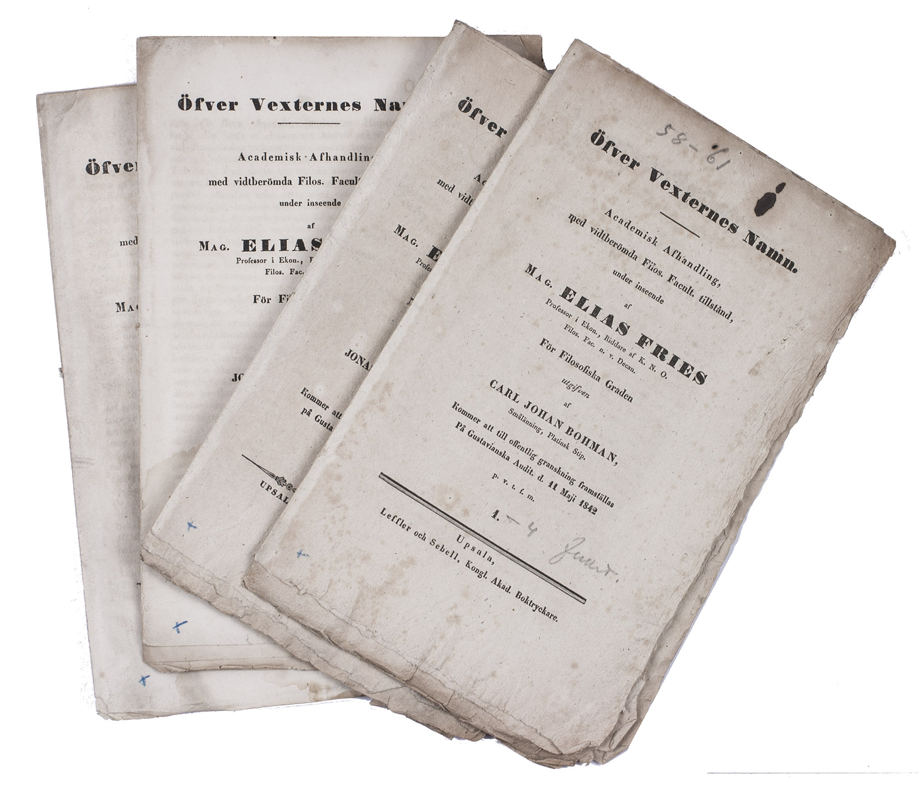 FRIES, Elias Magnus and others. - fver Vexternes Namn.Uppsala, Leffler and Sebell, 1842. 4 parts. 8vo. Disbound.