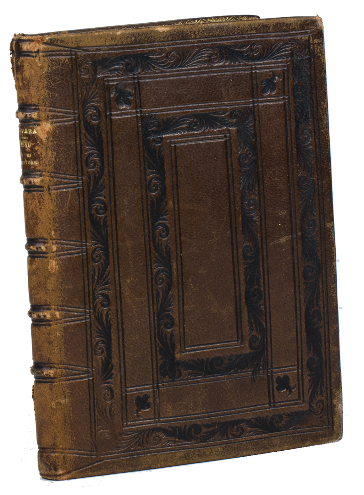 GUEVARA, Antonio de. - Libro de los inventores del arte de marear, y de muchos trabajos que se passan enlas galeras. ... Tocanse enel muy excellentes antiguedades, y avisos muy notables para los que navegan en galeras.Antwerp, Martin Nutius, [ca. 1545/46]. Small 8vo (13.5 x 10 cm). With Nutius's woodcut device on the title-page. Set in rotunda gothic type with a few words in a large roman. Blind-tooled brown goatskin (1920s?) in 16th-century style by Victor Arias (1856-1935) in Madrid, gold-tooled turn-ins.