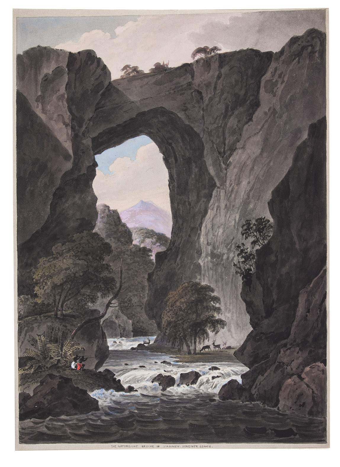 [VIRGINIA]. [GOODACRE, William (after)]. - Die naturliche Brucke in Virginien: Vereinte Staate.[Austria?, ca. 1840s-1850s]. Pen, black ink and watercolour on paper (59 x 44 cm), framed in a passe-partout (75.5 x 58 cm).