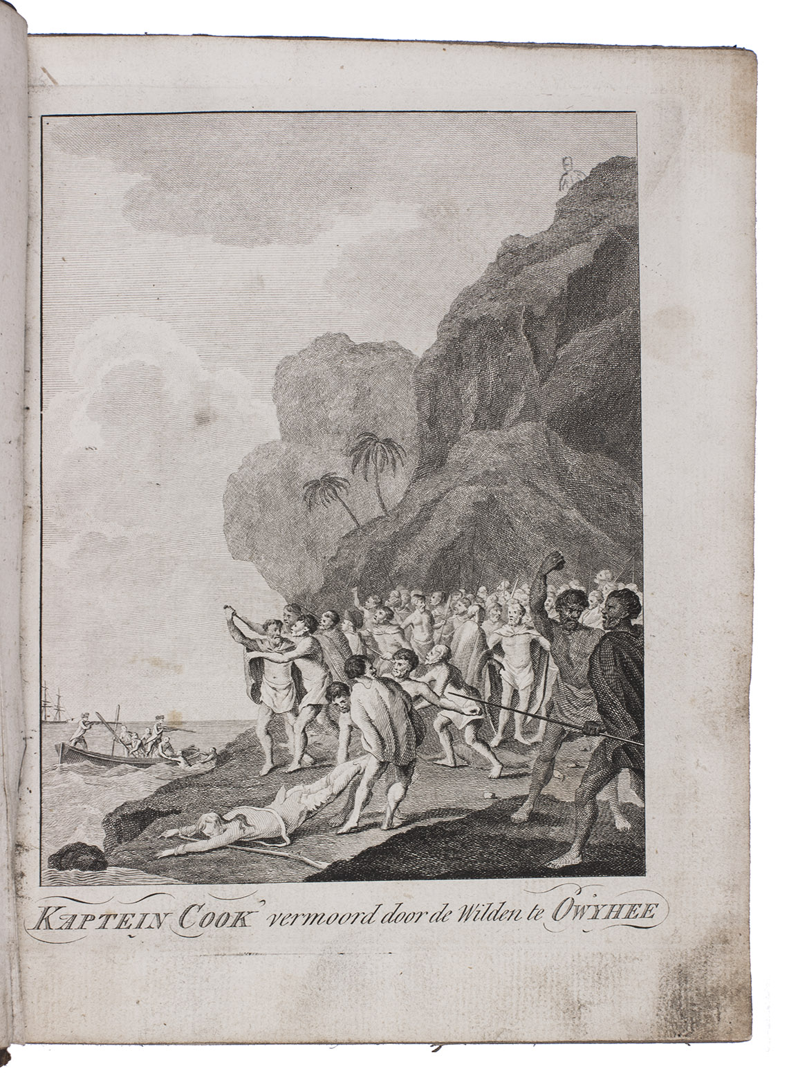 COOK, James and James KING. - Reis naar den Stillen Oceaan, ... tot het doen van ontdekkingen in het noorder halfrond, ter uitvoering gebragt onder 't bestuur van de bevelhebbers Cook, Clerke en Gore in de jaaren 1776, 1777, 1779 en 1780. Met de schepen de Resolution en Discovery, ...Rotterdam, Abraham Bothall and Dirk Vis II, 1788. 4to. With an engraved frontispiece. Contemporary half tanned sheepskin, gold-tooled spine.
